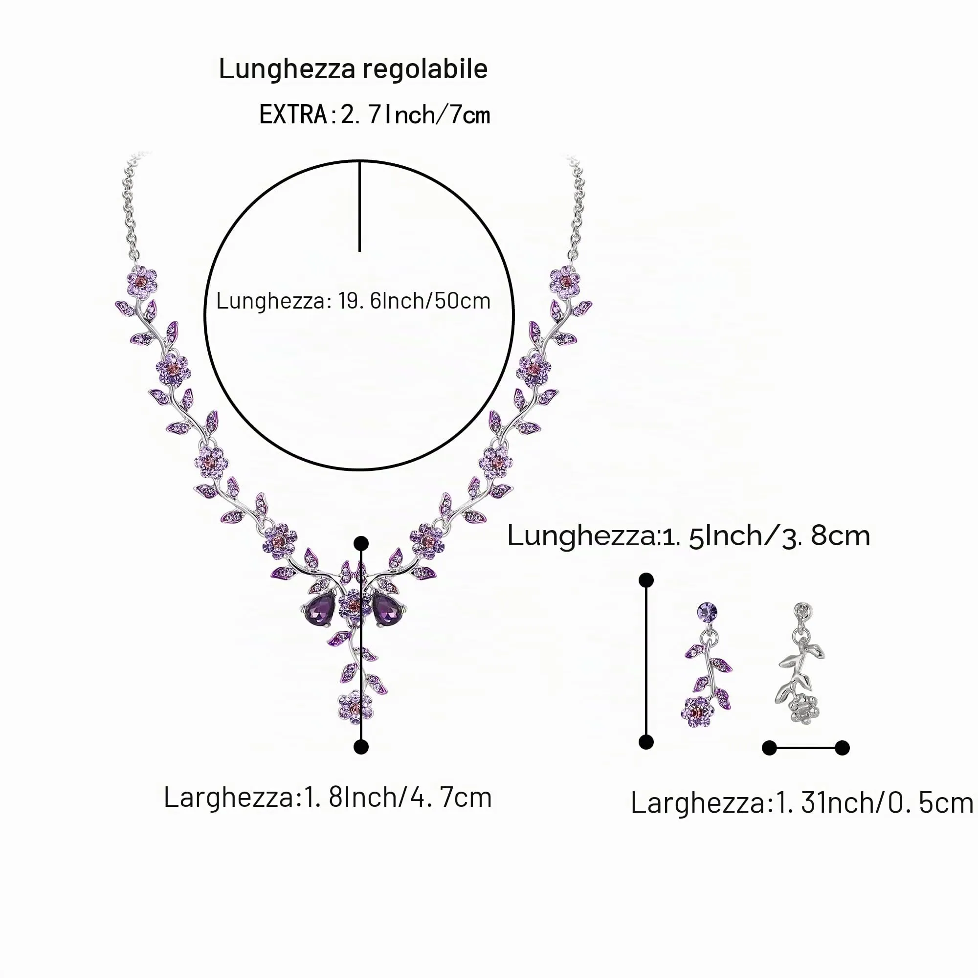 Clearine Set Gioielli Matrimonio Foglia Cluster Fiore Cristalli Collana e Orecchini Viola Argento-fondo - immagine 5