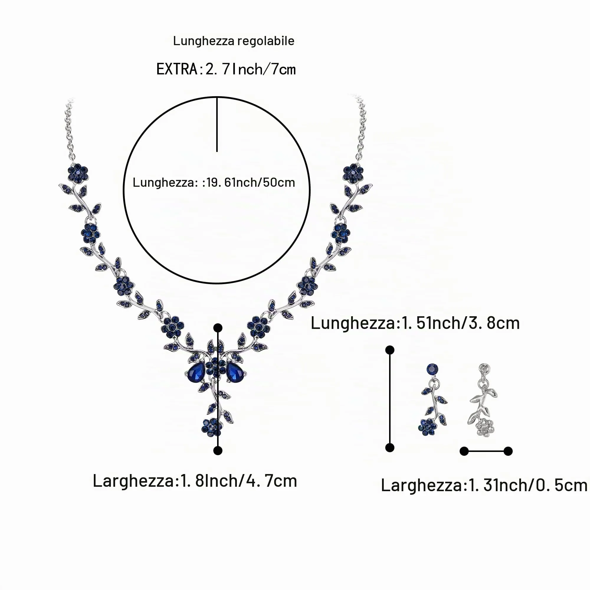 Clearine Set di Gioielli per Matrimonio con Cristalli a Fiore e Foglia, Collana con Ciondolo e Orecchini Pendenti, Colore Zaffiro Argento-Fondo - immagine 4