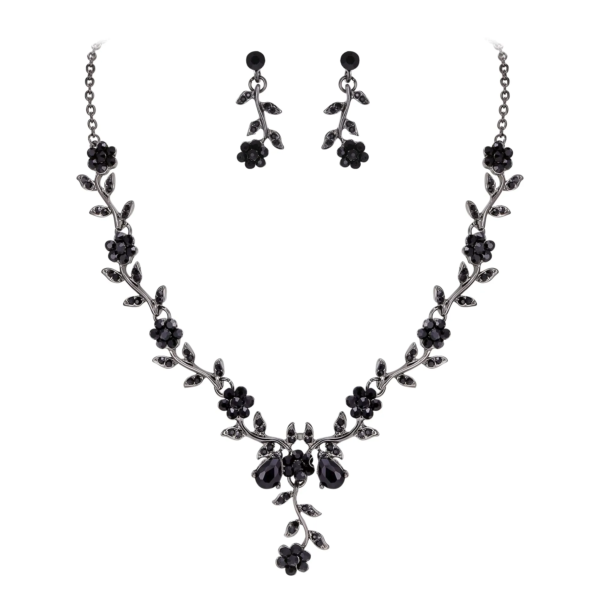 Clearine Set di Gioielli per Matrimonio Donna con Cristalli a Fiore e Foglia, Collana e Orecchini, Nero - immagine 1