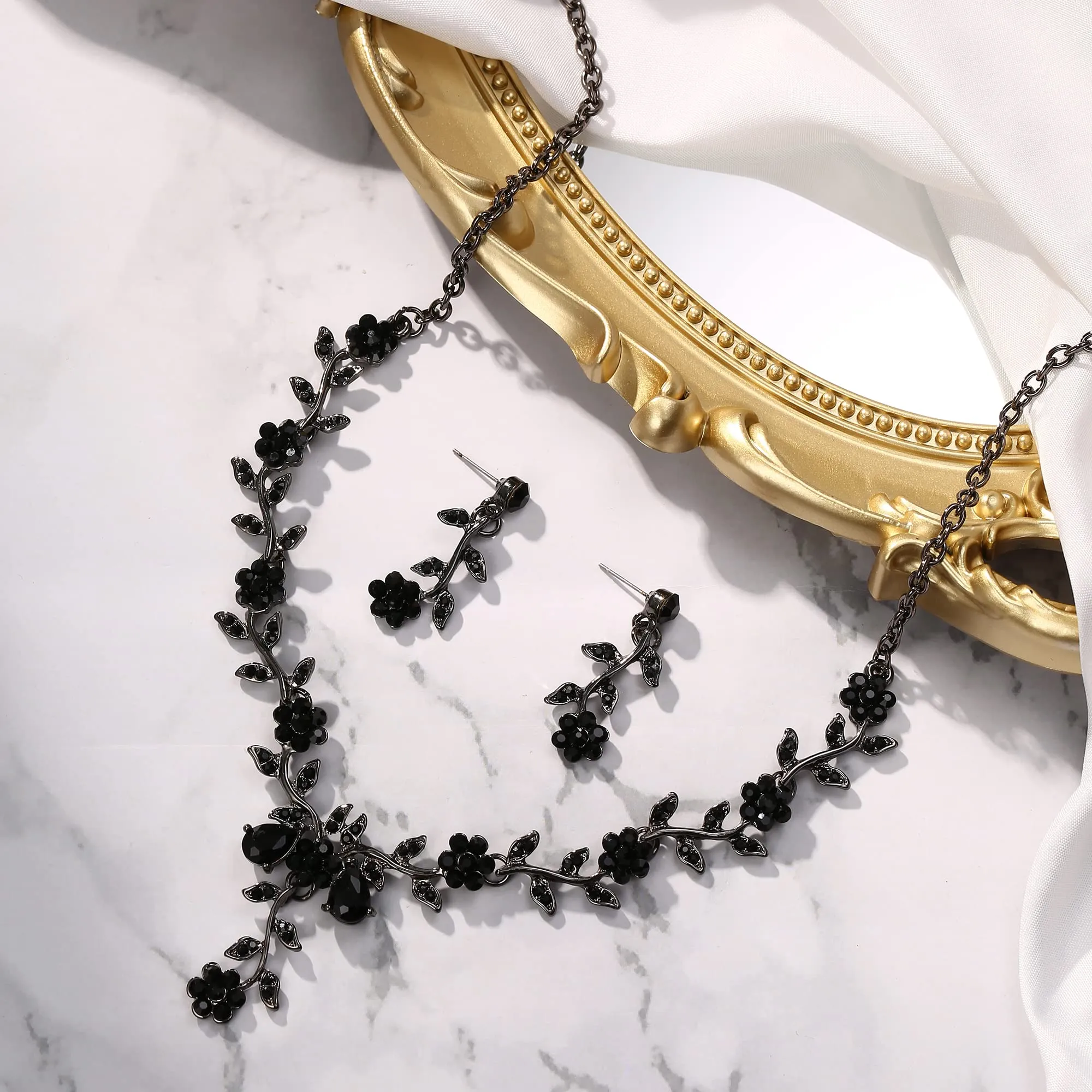 Clearine Set di Gioielli per Matrimonio Donna con Cristalli a Fiore e Foglia, Collana e Orecchini, Nero - immagine 3