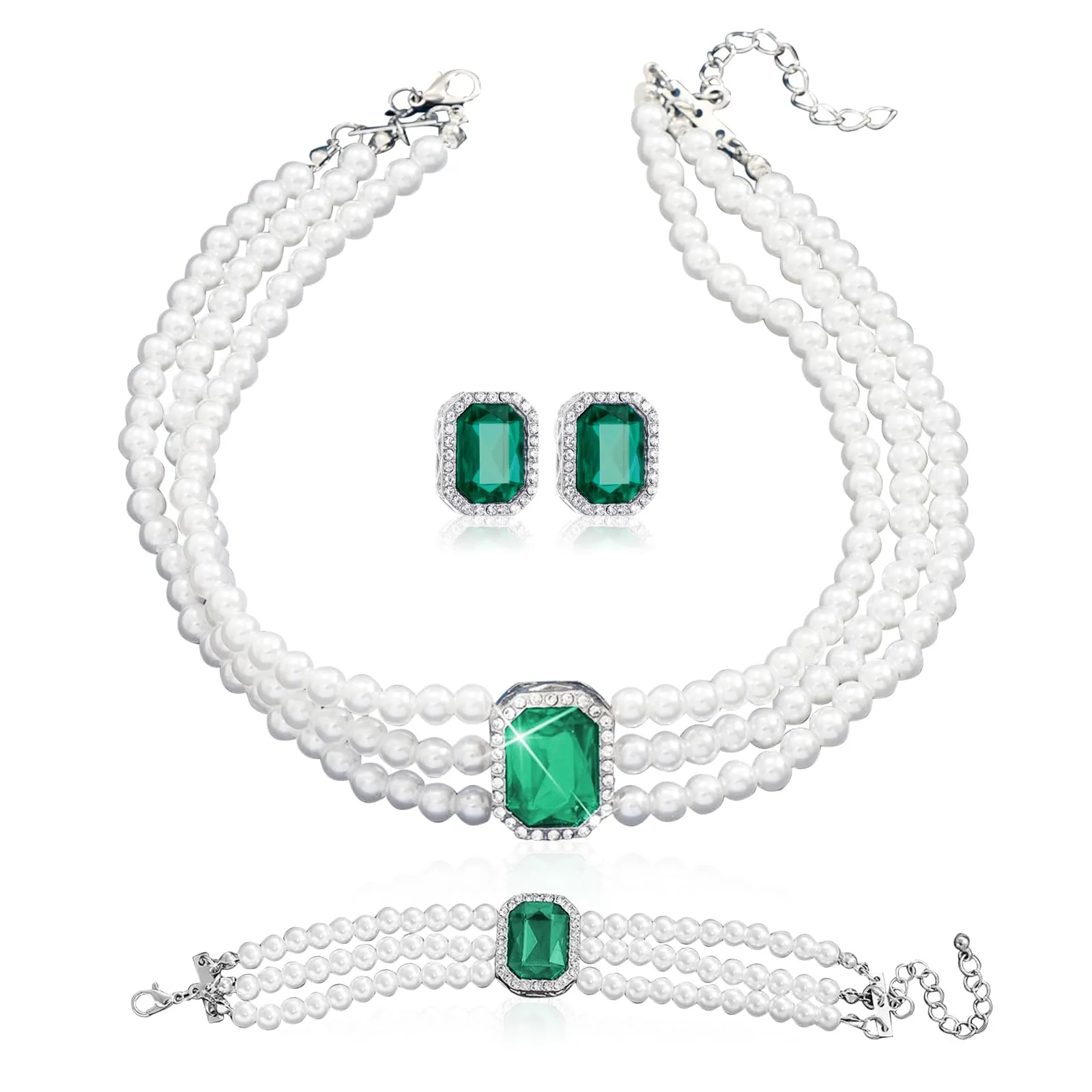 LjFrexia Set di Gioielli con Perle e Cristalli Verde per Donna, Collana Choker Multifila, Braccialetto e Orecchini - immagine 1