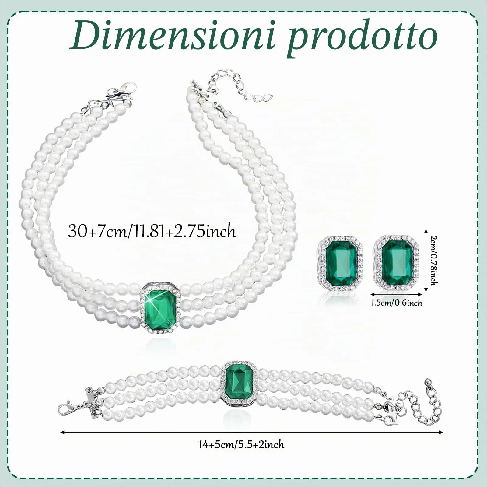 LjFrexia Set di Gioielli con Perle e Cristalli Verde per Donna, Collana Choker Multifila, Braccialetto e Orecchini - immagine 2