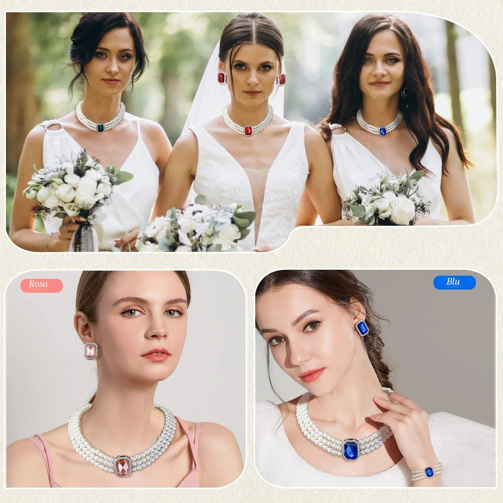LjFrexia Set di Gioielli con Perle e Cristalli Verde per Donna, Collana Choker Multifila, Braccialetto e Orecchini - immagine 5