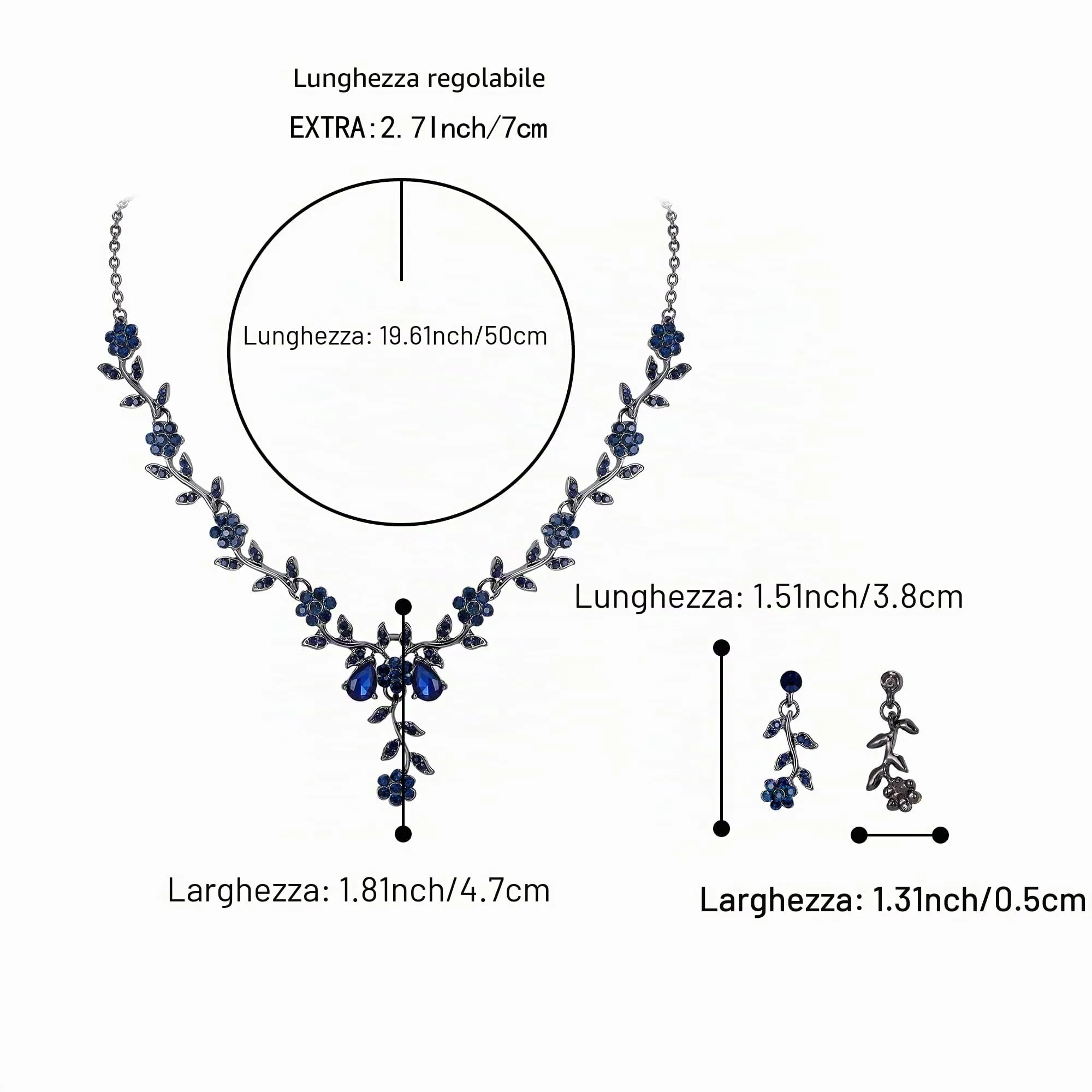 Clearine Set di Gioielli da Donna Foglia Cluster Fiore Cristalli Collana e Orecchini Zaffiro Colore Nero-Fondo - immagine 4
