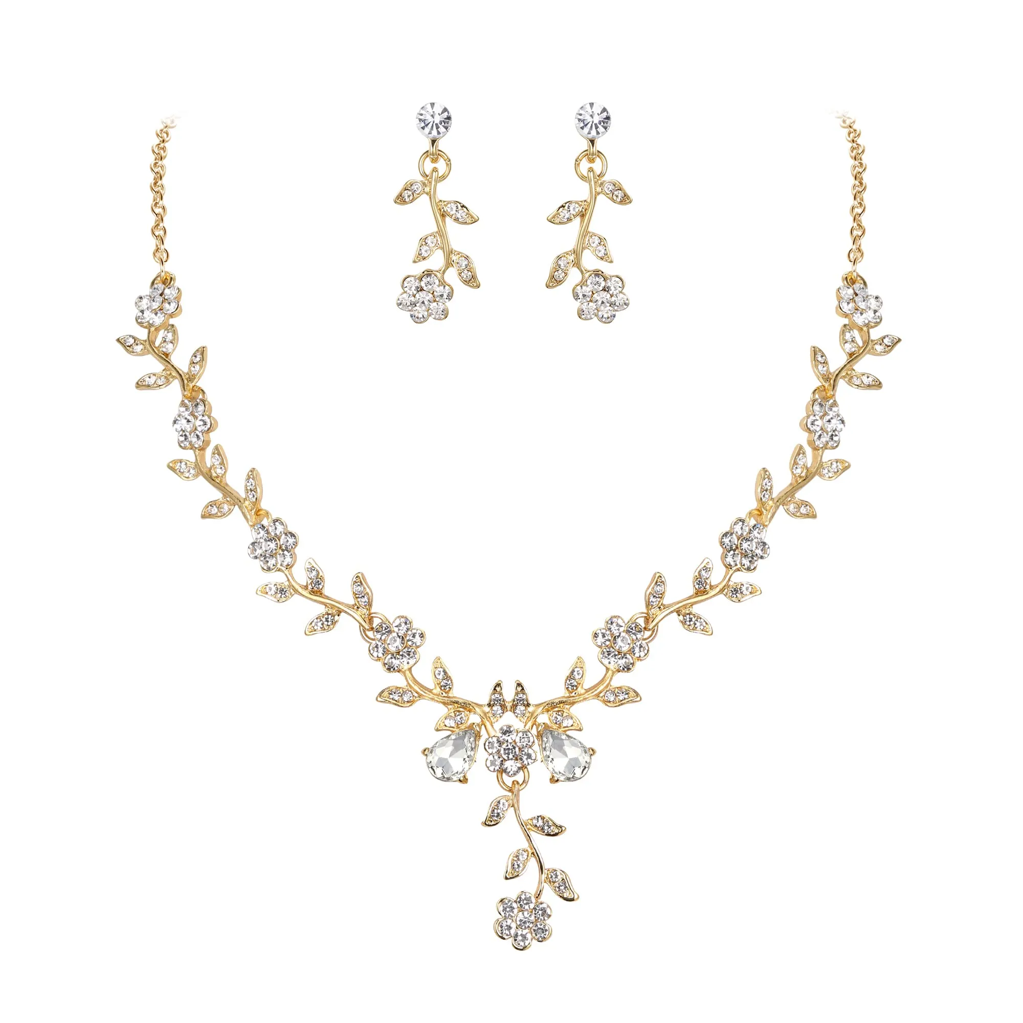 Clearine Set Gioielli Matrimonio Fiore Foglia Cluster con Cristalli, Collana e Orecchini, Trasparente Oro-Fondo - immagine 1