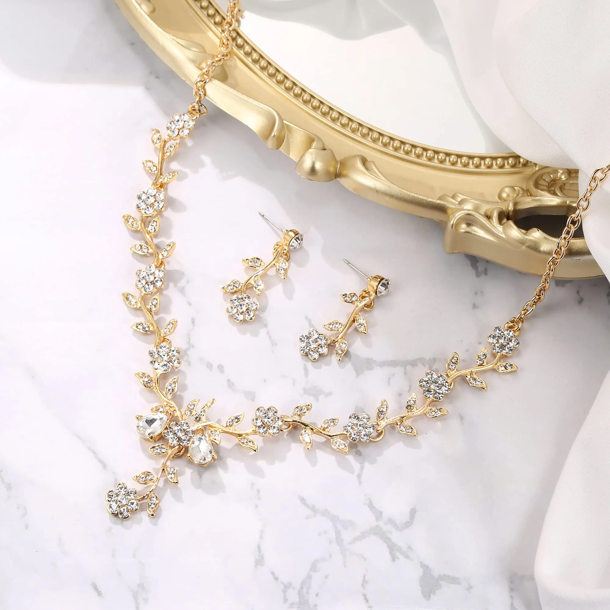 Clearine Set Gioielli Matrimonio Fiore Foglia Cluster con Cristalli, Collana e Orecchini, Trasparente Oro-Fondo - immagine 3