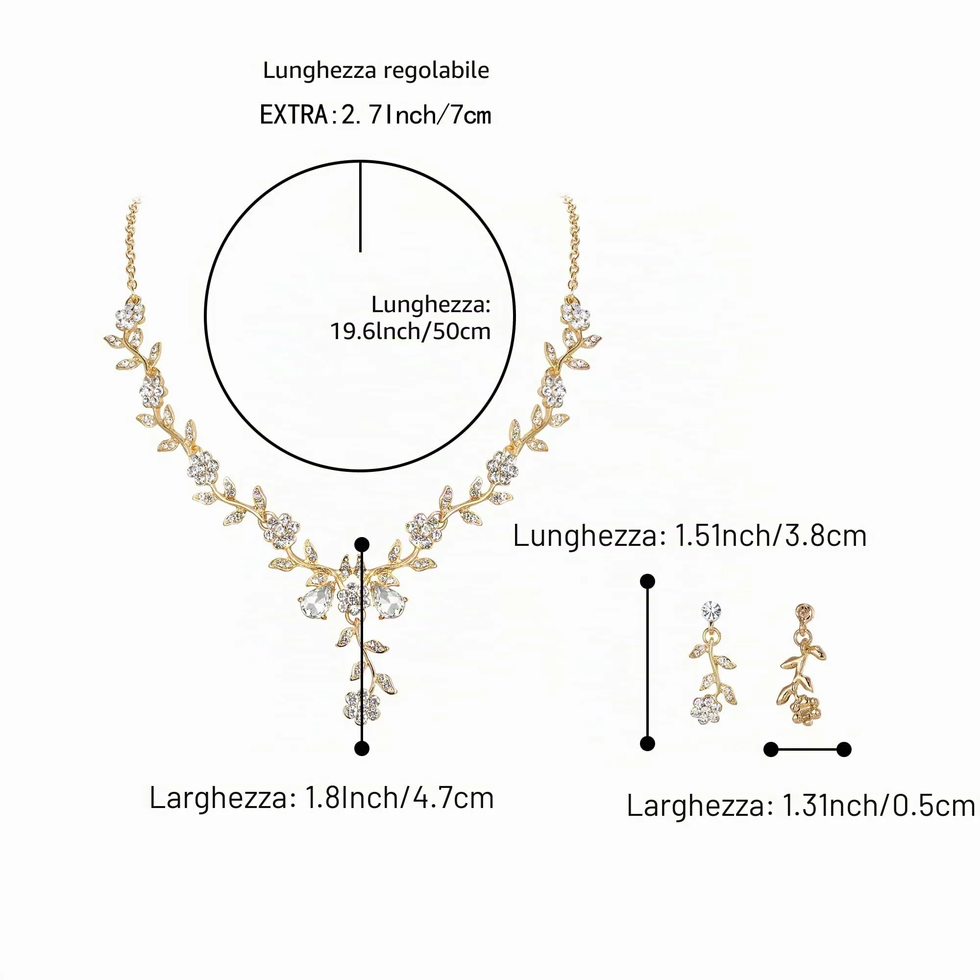 Clearine Set Gioielli Matrimonio Fiore Foglia Cluster con Cristalli, Collana e Orecchini, Trasparente Oro-Fondo - immagine 4