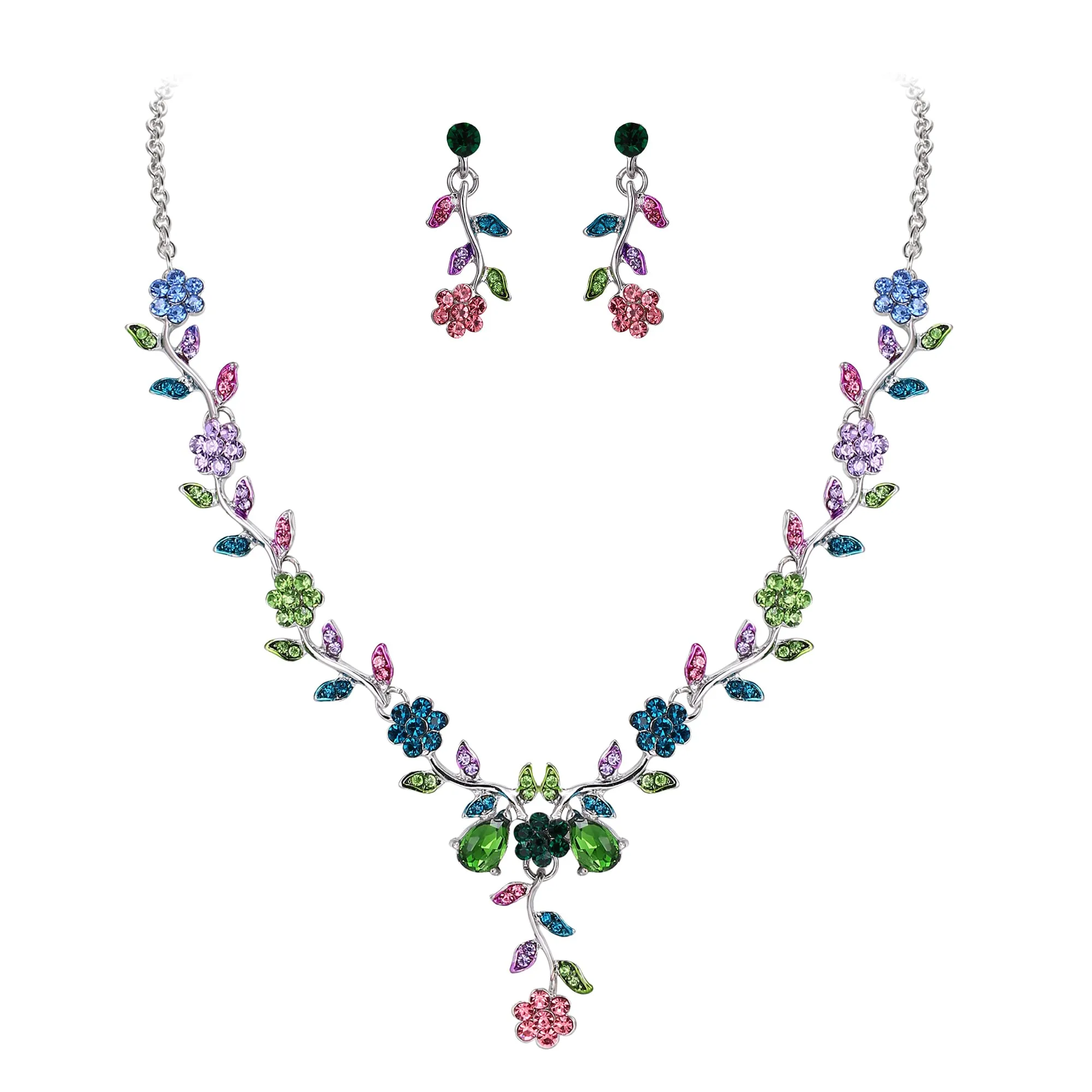 Clearine Set di Gioielli per Matrimonio da Donna con Cristalli, Collana e Orecchini a Foglia e Fiore, Multi Colore Argento-Fondo - immagine 1