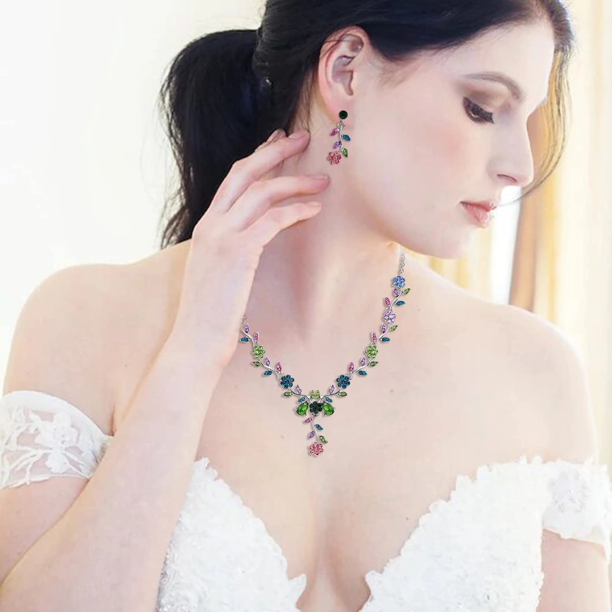 Clearine Set di Gioielli per Matrimonio da Donna con Cristalli, Collana e Orecchini a Foglia e Fiore, Multi Colore Argento-Fondo - immagine 2