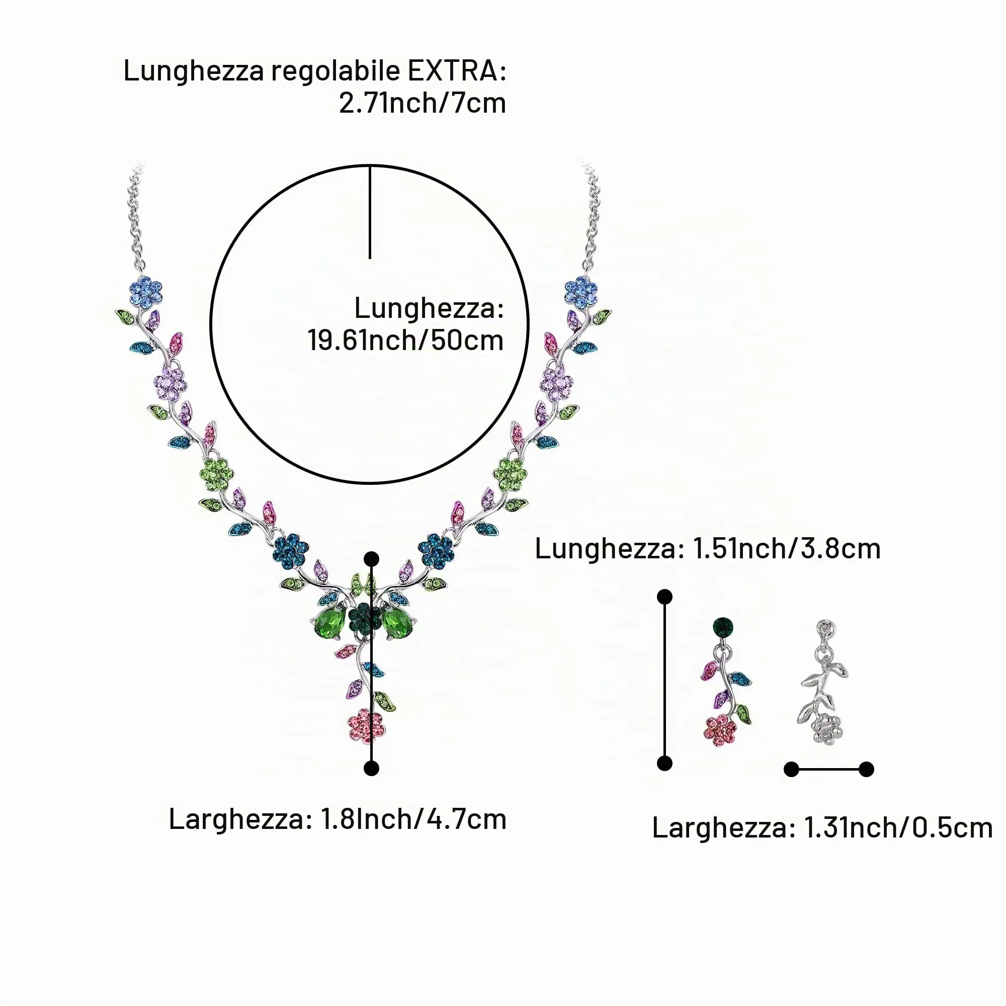 Clearine Set di Gioielli per Matrimonio da Donna con Cristalli, Collana e Orecchini a Foglia e Fiore, Multi Colore Argento-Fondo - immagine 4