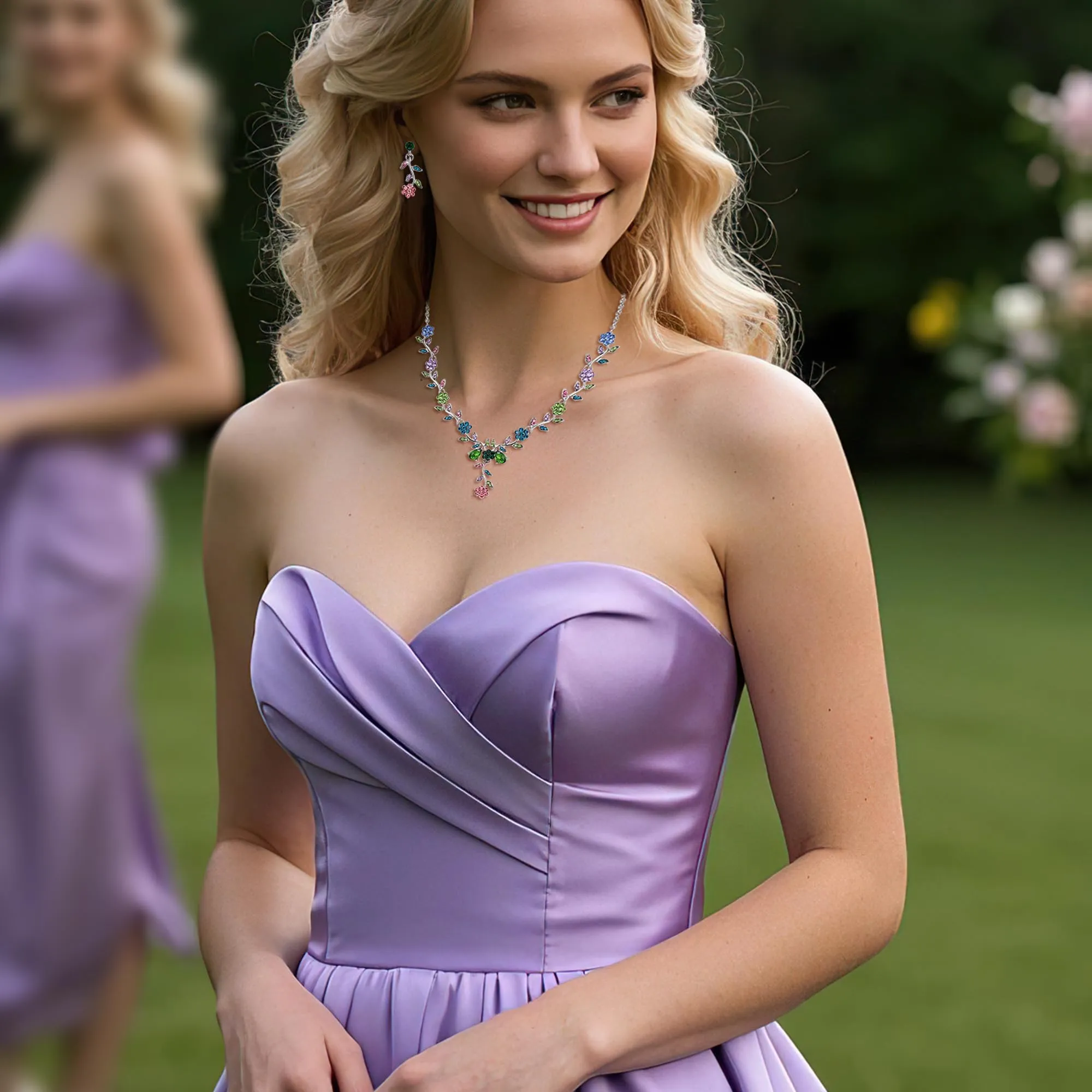 Clearine Set di Gioielli per Matrimonio da Donna con Cristalli, Collana e Orecchini a Foglia e Fiore, Multi Colore Argento-Fondo - immagine 5