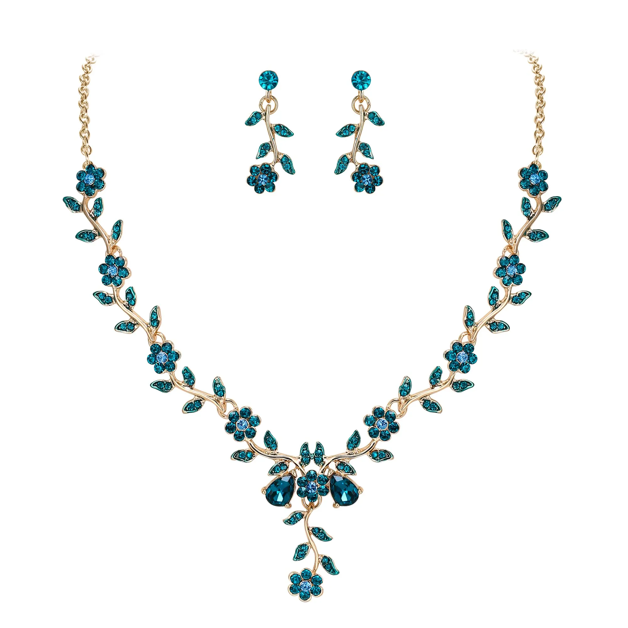 Clearine Set Gioielli Matrimonio Foglia Cluster Fiore Cristalli con Collana e Orecchini, Blu Topazio Oro-Fondo - immagine 1