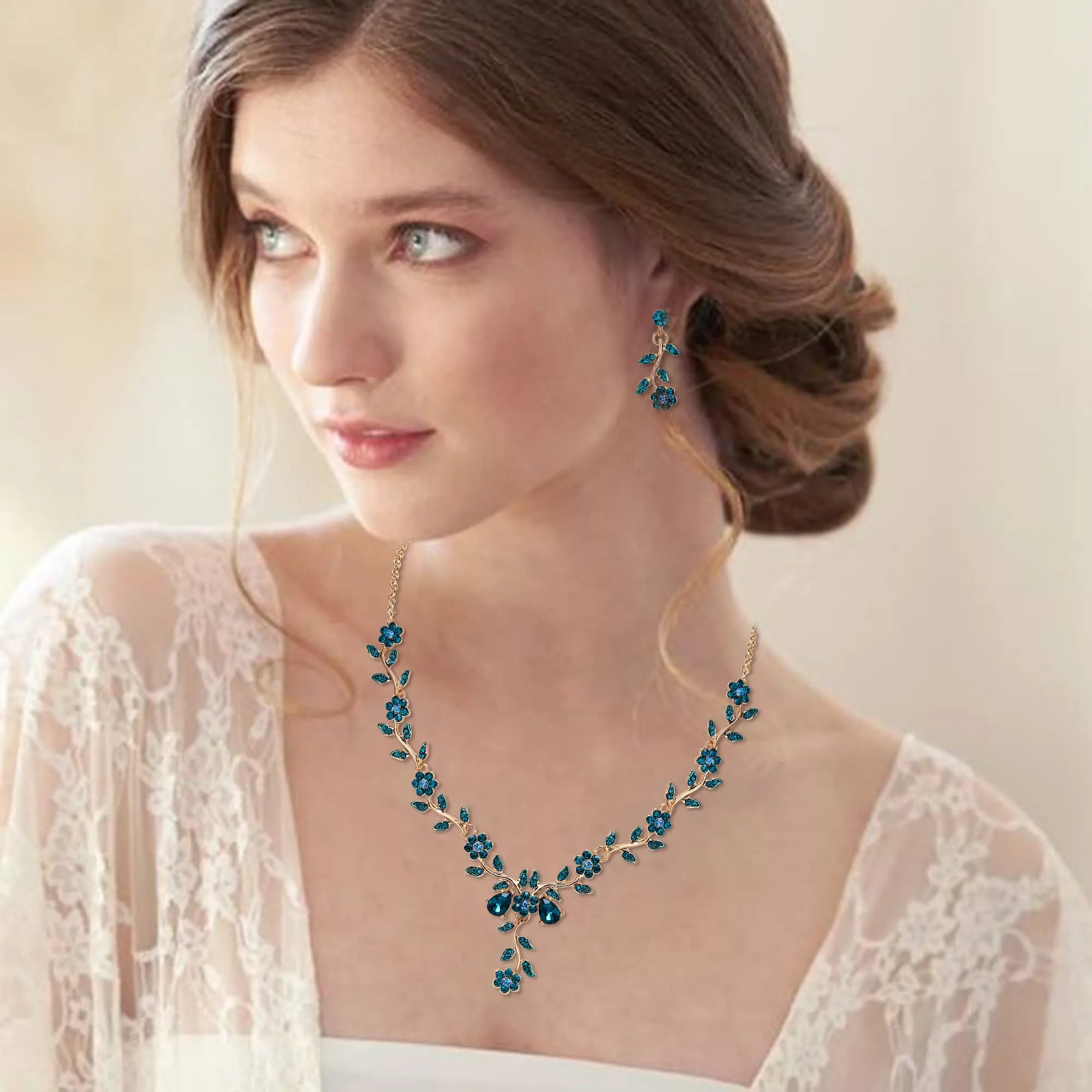 Clearine Set Gioielli Matrimonio Foglia Cluster Fiore Cristalli con Collana e Orecchini, Blu Topazio Oro-Fondo - immagine 2