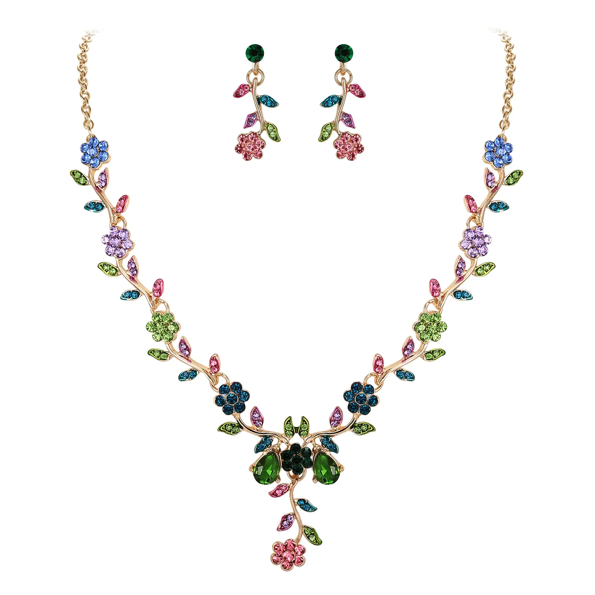 Clearine Set di Gioielli per Matrimonio da Donna con Cristalli a Forma di Foglia e Fiore, Collana e Orecchini, Multicolore Oro-fondo - immagine 1