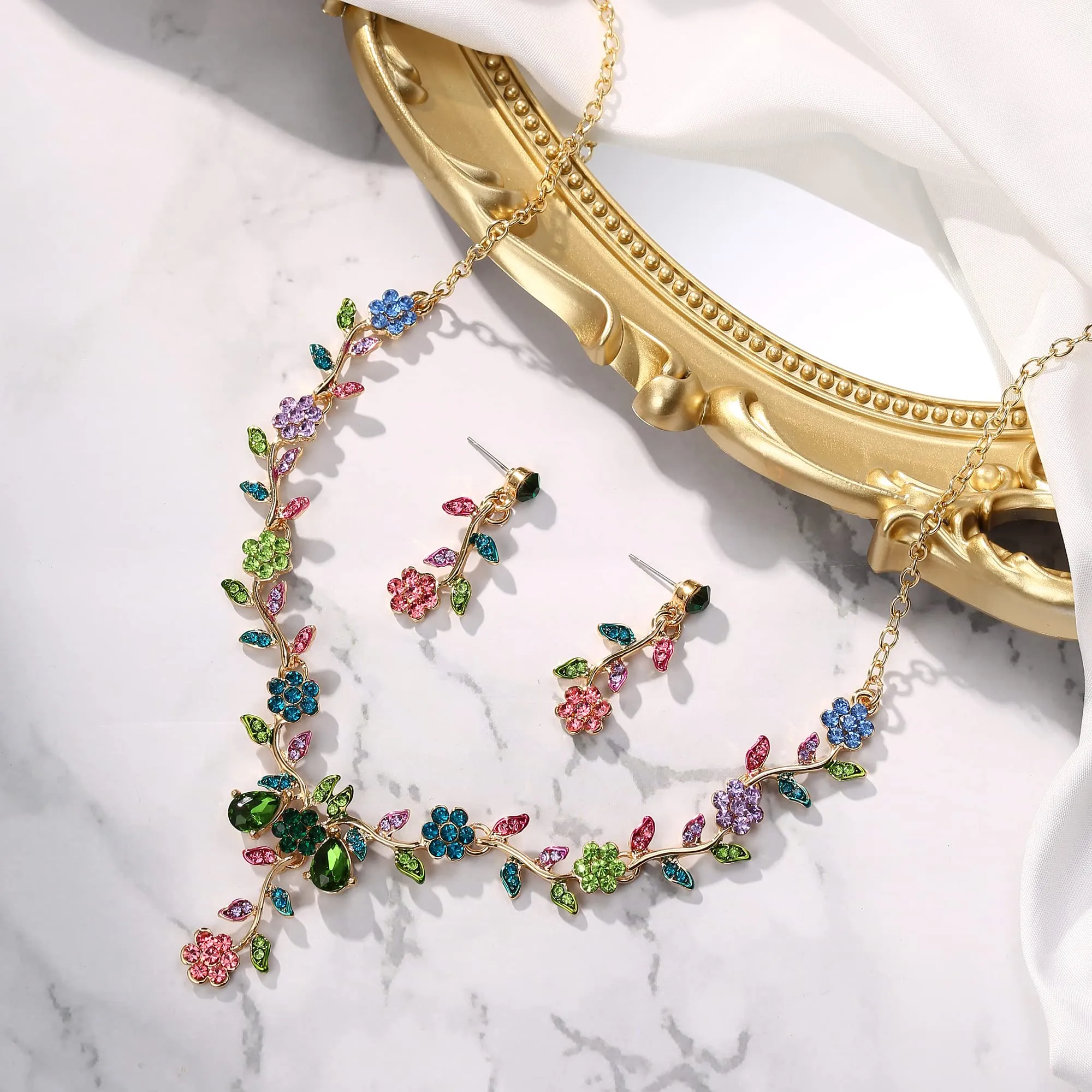 Clearine Set di Gioielli per Matrimonio da Donna con Cristalli a Forma di Foglia e Fiore, Collana e Orecchini, Multicolore Oro-fondo - immagine 3