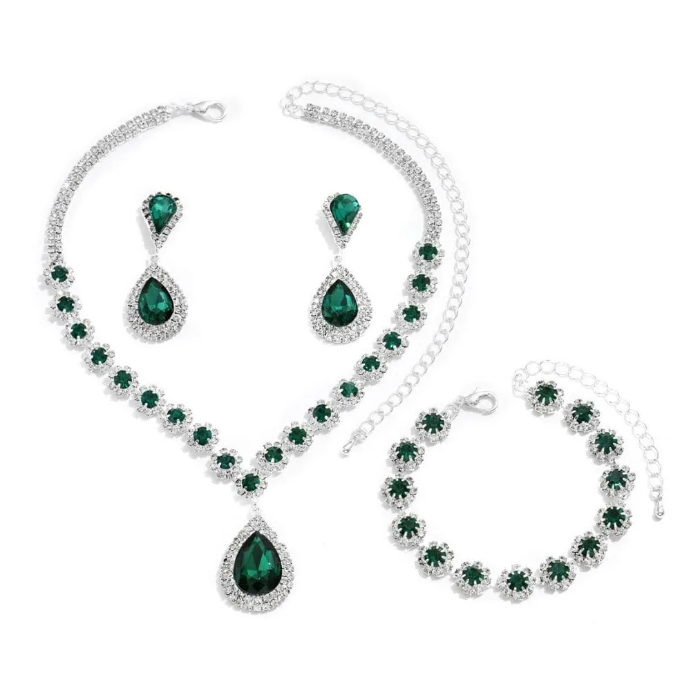 FDEETY Set di Gioielli da Sposa con Strass, Collana, Braccialetti, Orecchini e Ciondolo (Verde) - immagine 1