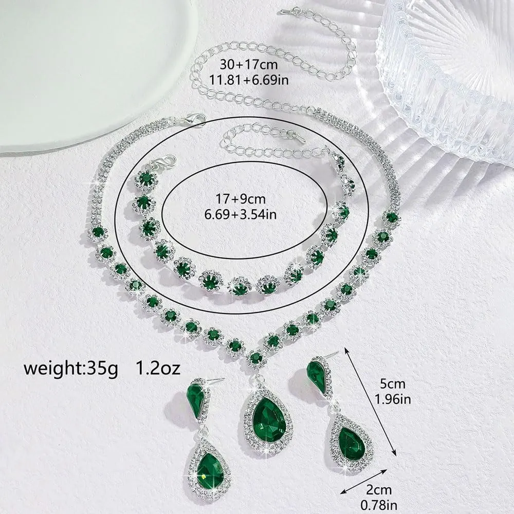 FDEETY Set di Gioielli da Sposa con Strass, Collana, Braccialetti, Orecchini e Ciondolo (Verde) - immagine 2