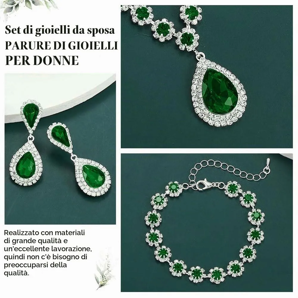 FDEETY Set di Gioielli da Sposa con Strass, Collana, Braccialetti, Orecchini e Ciondolo (Verde) - immagine 3