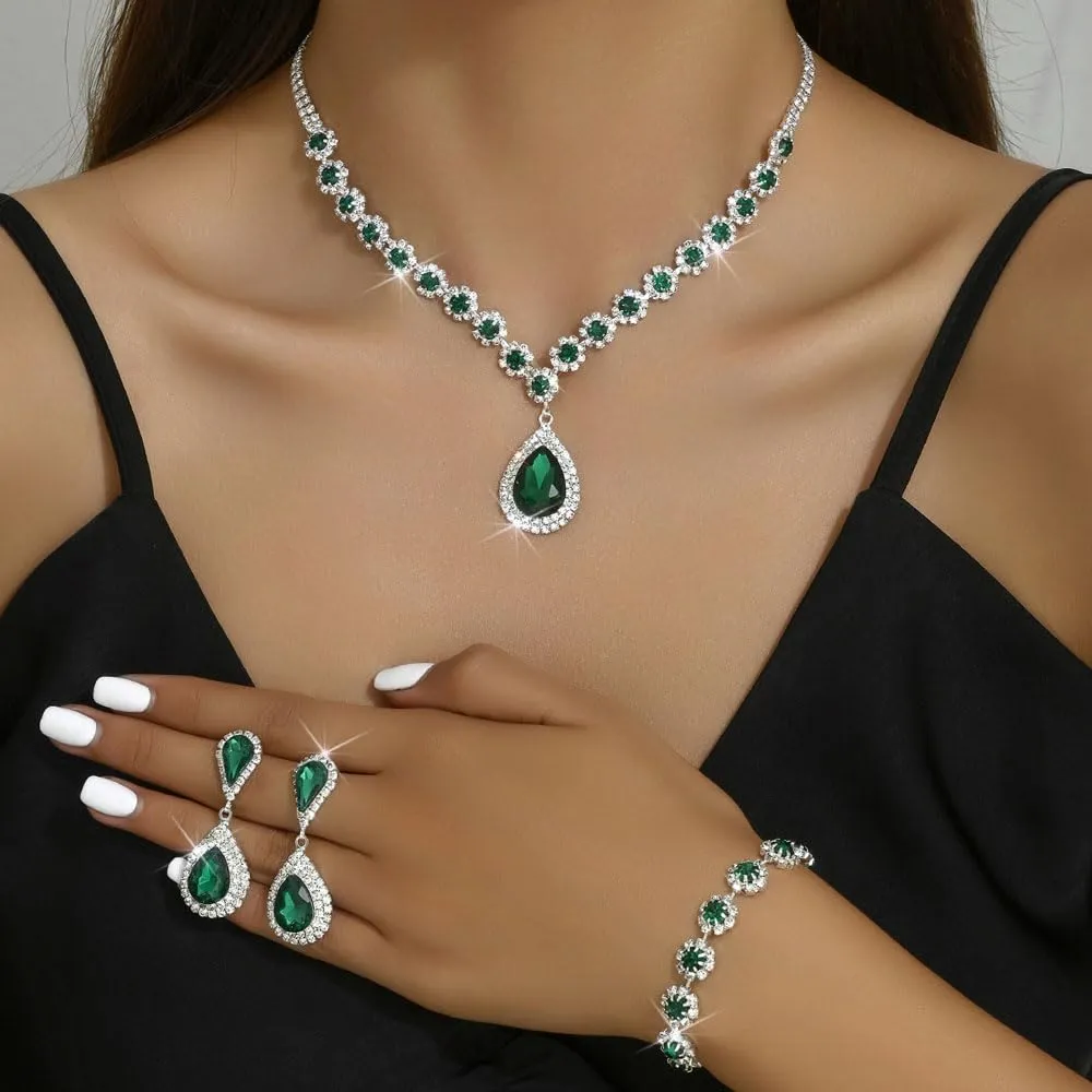 FDEETY Set di Gioielli da Sposa con Strass, Collana, Braccialetti, Orecchini e Ciondolo (Verde) - immagine 4