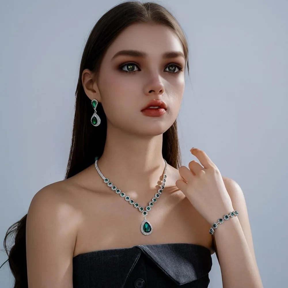 FDEETY Set di Gioielli da Sposa con Strass, Collana, Braccialetti, Orecchini e Ciondolo (Verde) - immagine 5