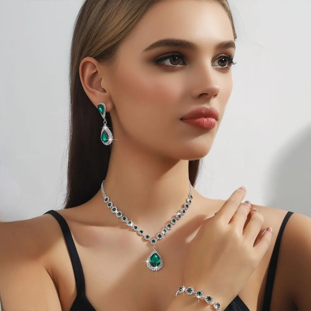 FDEETY Set di Gioielli da Sposa con Strass, Collana, Braccialetti, Orecchini e Ciondolo (Verde) - immagine 6