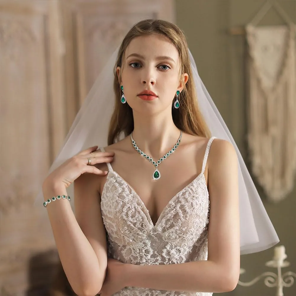 FDEETY Set di Gioielli da Sposa con Strass, Collana, Braccialetti, Orecchini e Ciondolo (Verde) - immagine 7