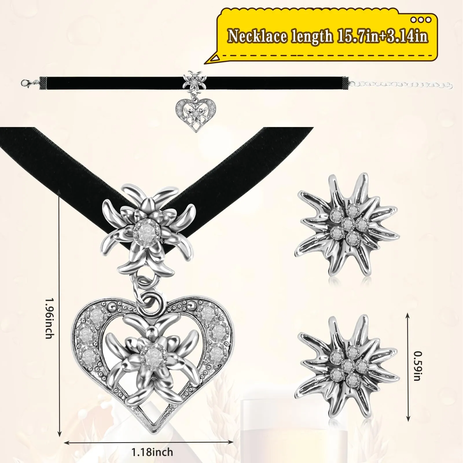 MAOSHYMS Gioielli Bavaresi Tradizionali, Parure con Ciondolo a Forma di Stella Alpina, Collana e Orecchini per Donna (Nero) - immagine 2