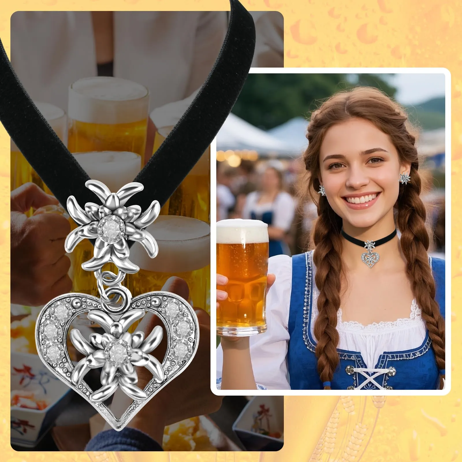 MAOSHYMS Gioielli Bavaresi Tradizionali, Parure con Ciondolo a Forma di Stella Alpina, Collana e Orecchini per Donna (Nero) - immagine 3