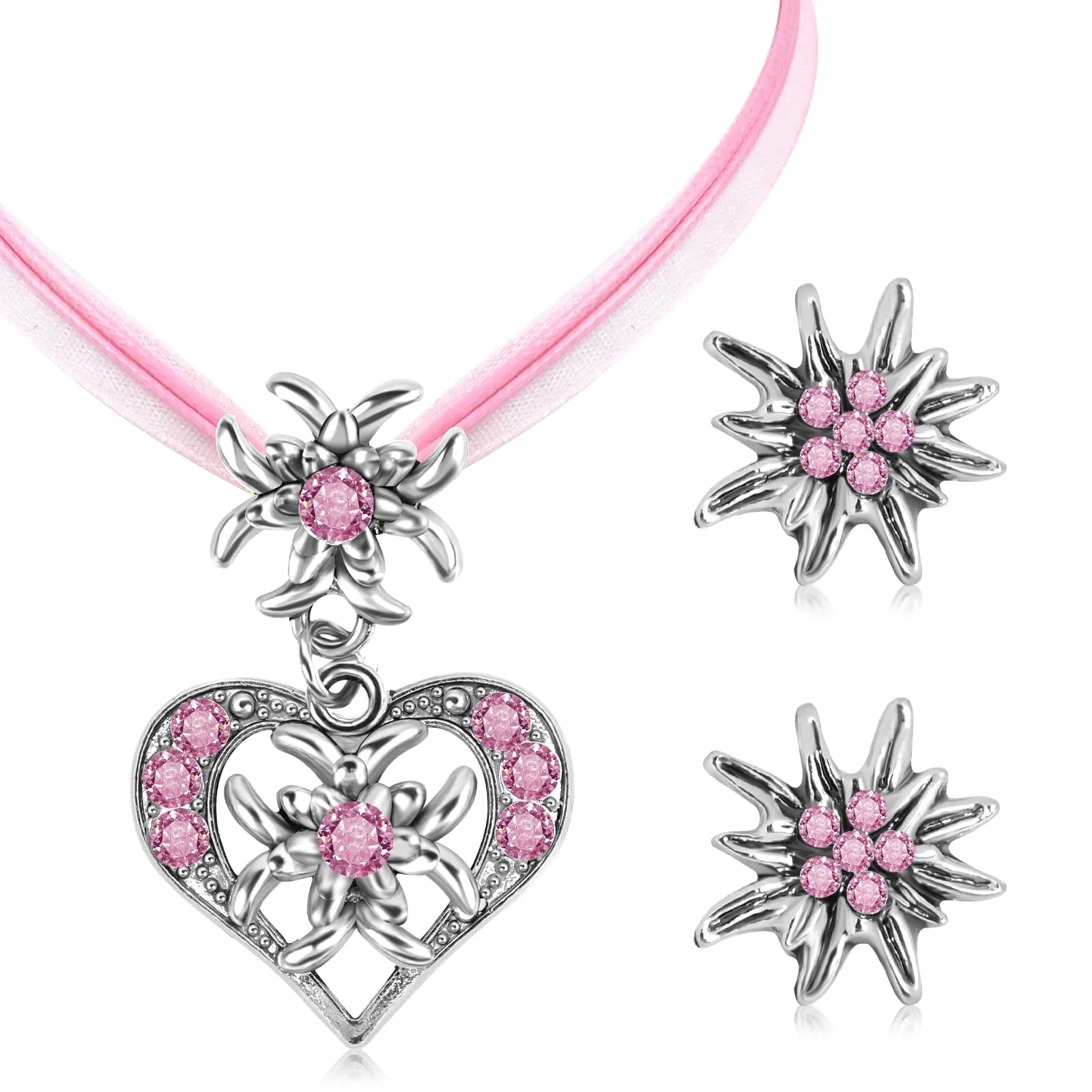 MAOSHYMS Gioielli Bavaresi Tradizionali, Parure con Ciondolo a Forma di Stella Alpina per Donna (Rosa) - immagine 1