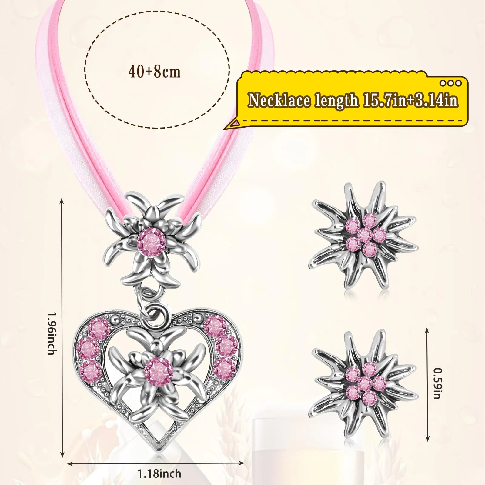 MAOSHYMS Gioielli Bavaresi Tradizionali, Parure con Ciondolo a Forma di Stella Alpina per Donna (Rosa) - immagine 2