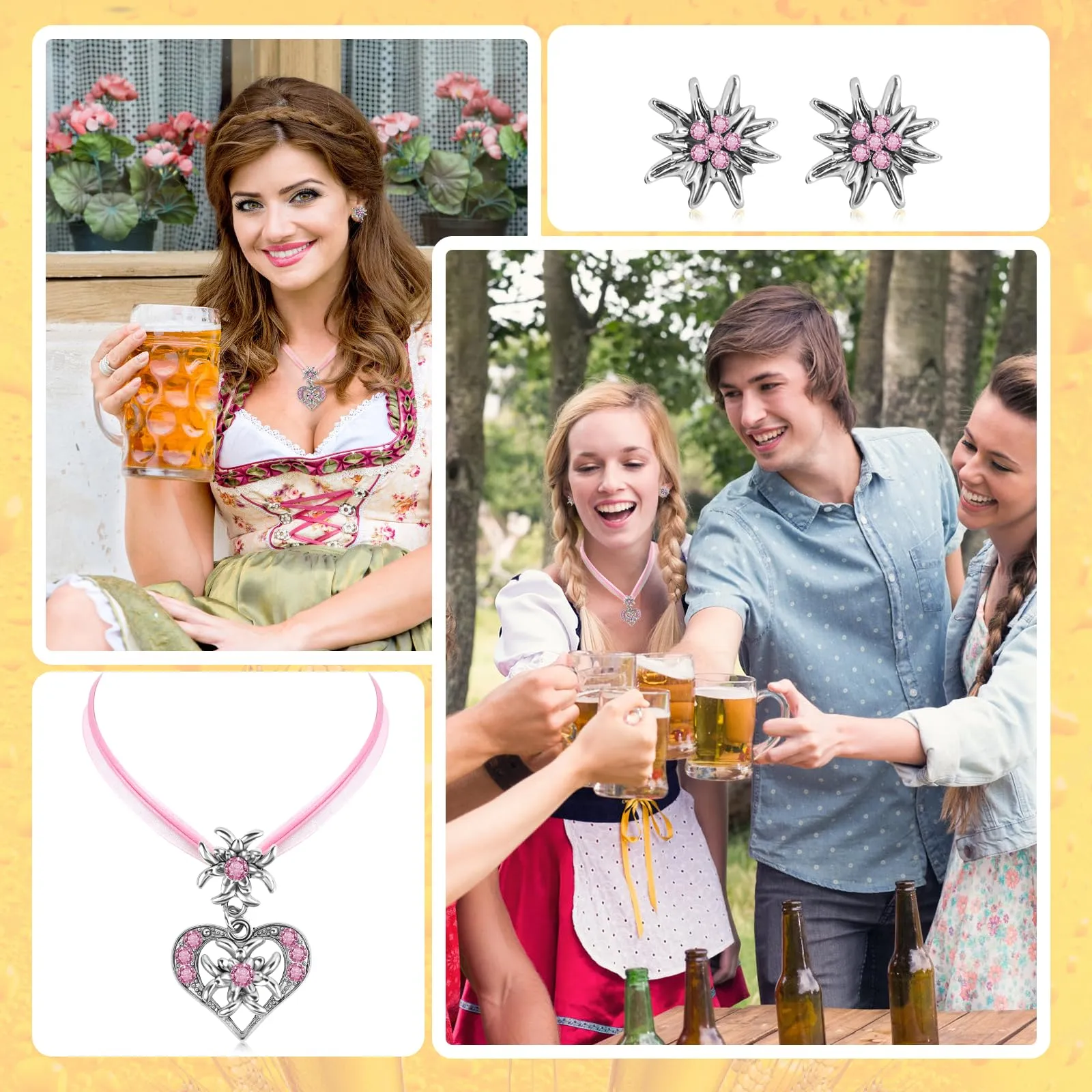 MAOSHYMS Gioielli Bavaresi Tradizionali, Parure con Ciondolo a Forma di Stella Alpina per Donna (Rosa) - immagine 6