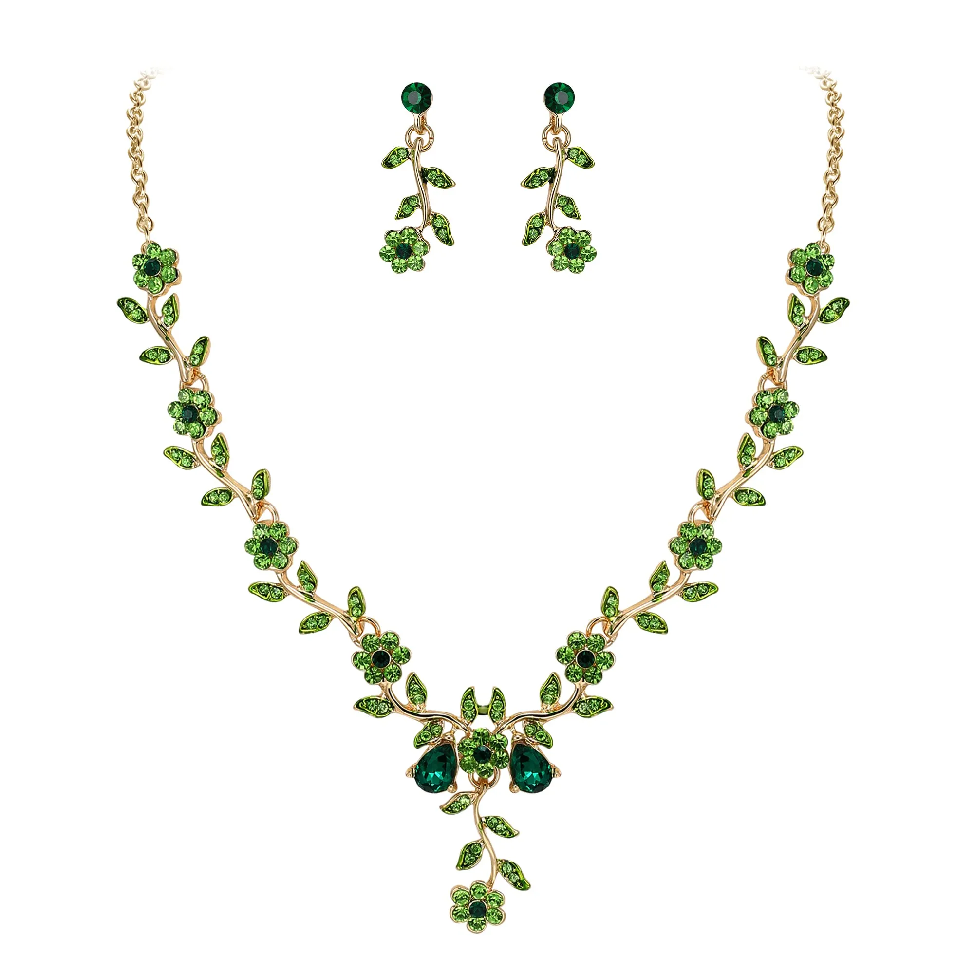 Clearine Set di Gioielli da Donna con Cristalli a Foglia e Fiore, Collana e Orecchini, Colore Smeraldo e Oro - immagine 1