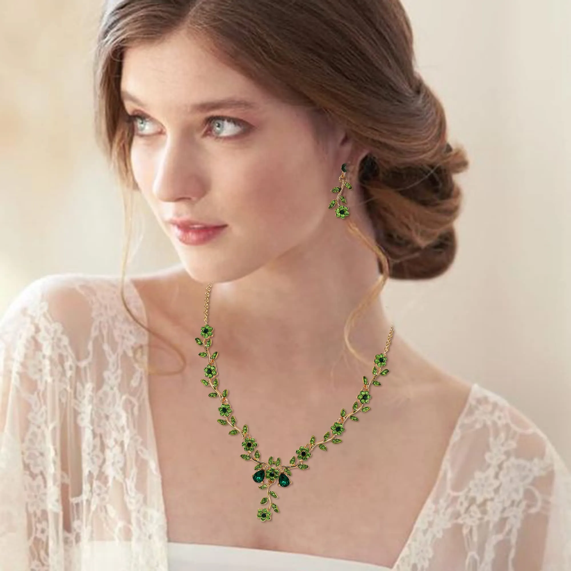 Clearine Set di Gioielli da Donna con Cristalli a Foglia e Fiore, Collana e Orecchini, Colore Smeraldo e Oro - immagine 2