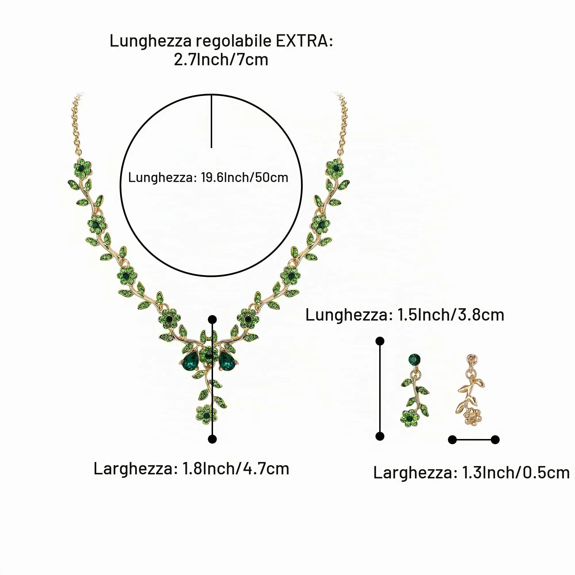 Clearine Set di Gioielli da Donna con Cristalli a Foglia e Fiore, Collana e Orecchini, Colore Smeraldo e Oro - immagine 3