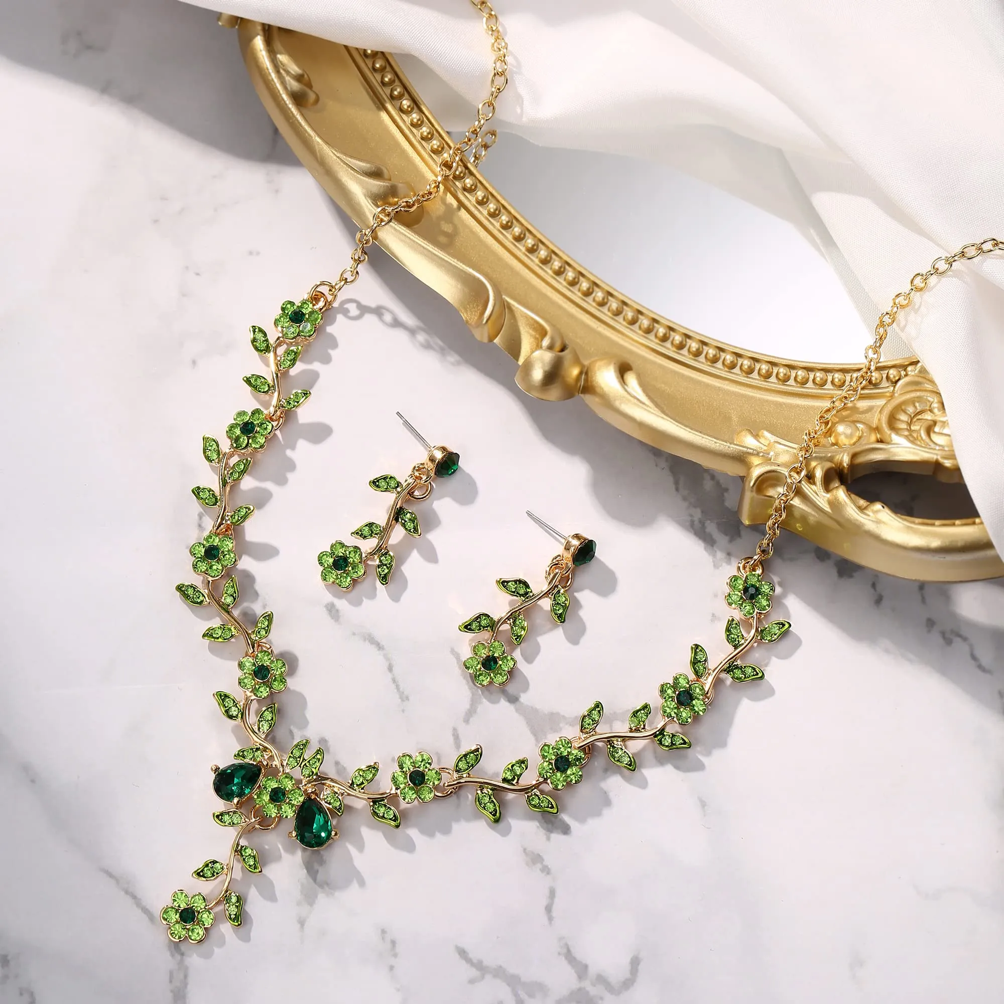 Clearine Set di Gioielli da Donna con Cristalli a Foglia e Fiore, Collana e Orecchini, Colore Smeraldo e Oro - immagine 4