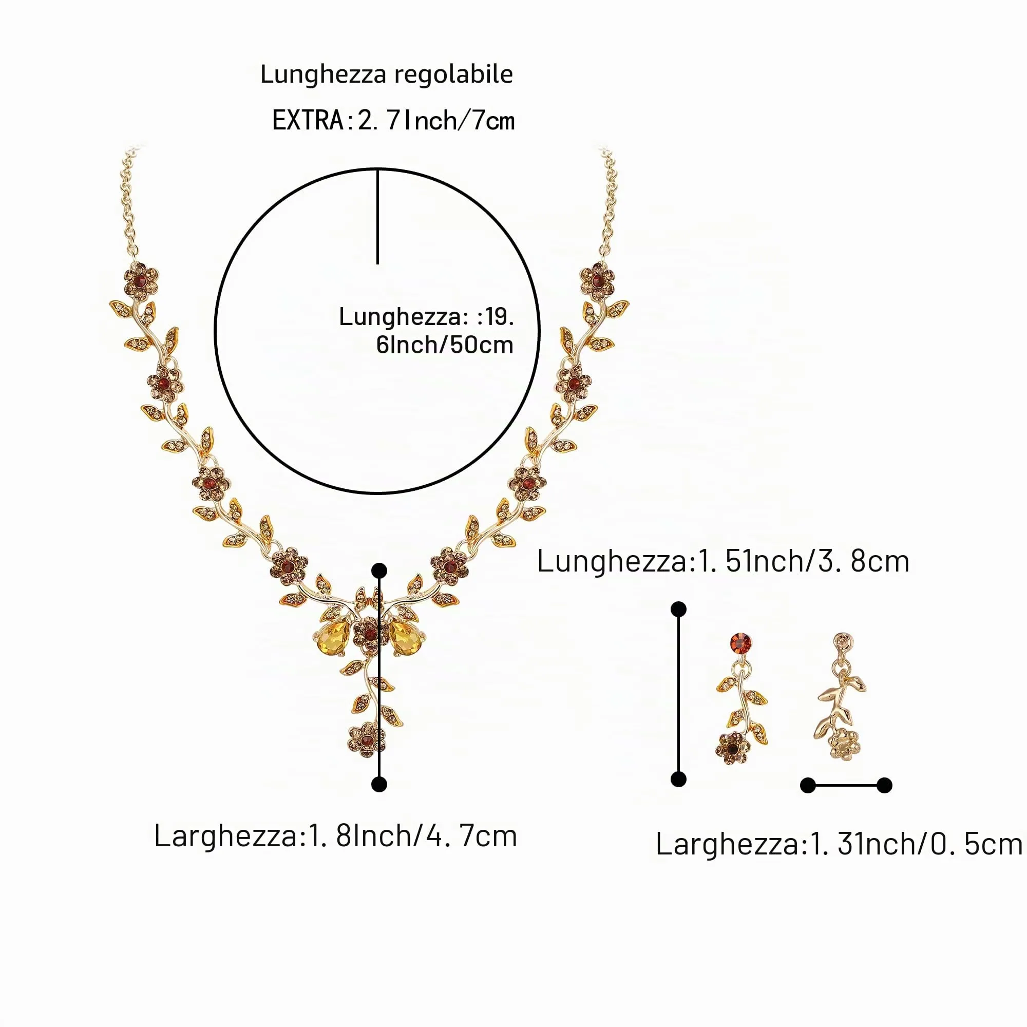 Clearine Set di Gioielli da Matrimonio per Donna con Cristalli, Collana e Orecchini a Fiore e Foglia, Champagne Oro-Fondo - immagine 4