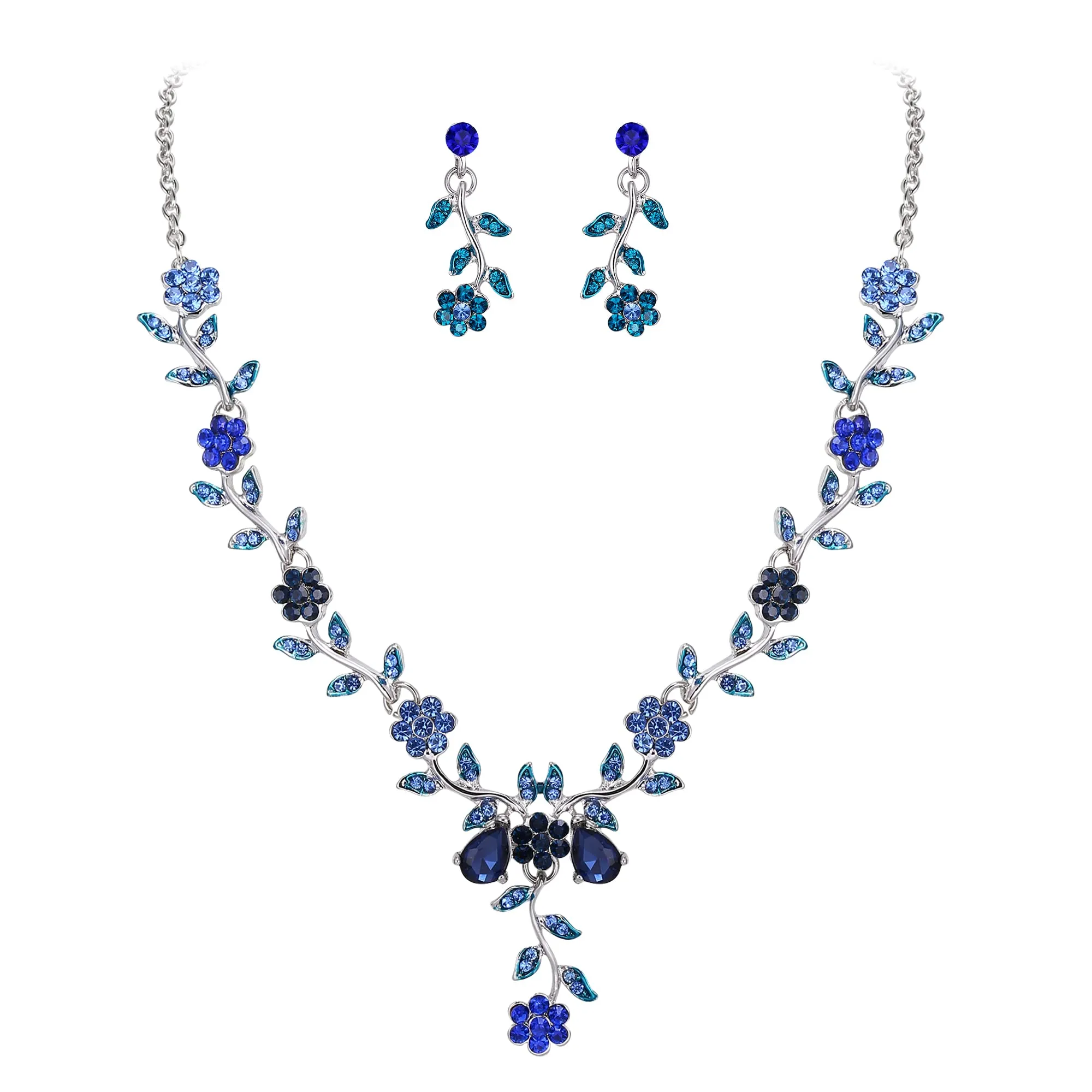 Clearine Set di gioielli per matrimonio da donna con cristalli, collana e orecchini a forma di foglia e fiore, Blu Argento-fondo - immagine 1