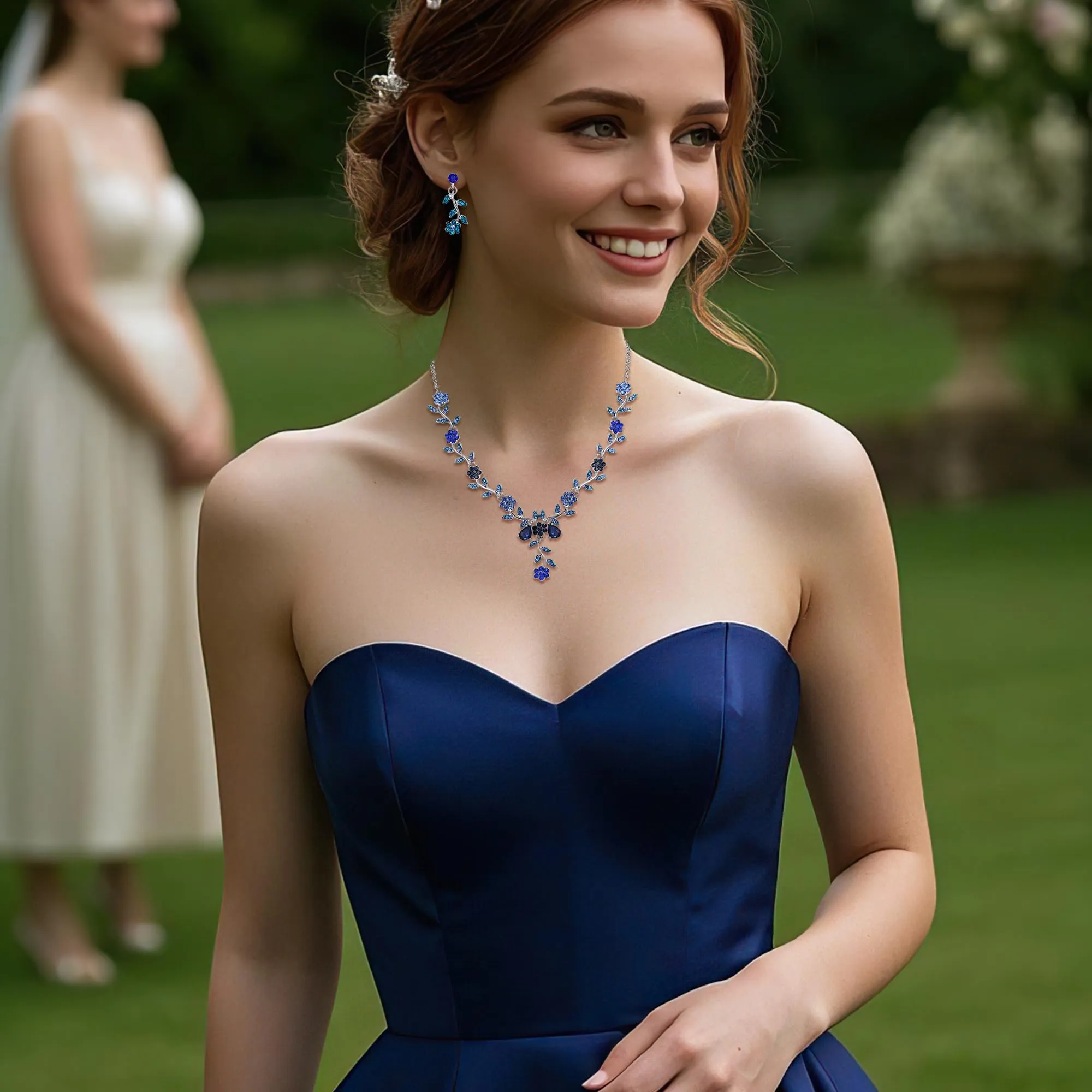 Clearine Set di gioielli per matrimonio da donna con cristalli, collana e orecchini a forma di foglia e fiore, Blu Argento-fondo - immagine 2