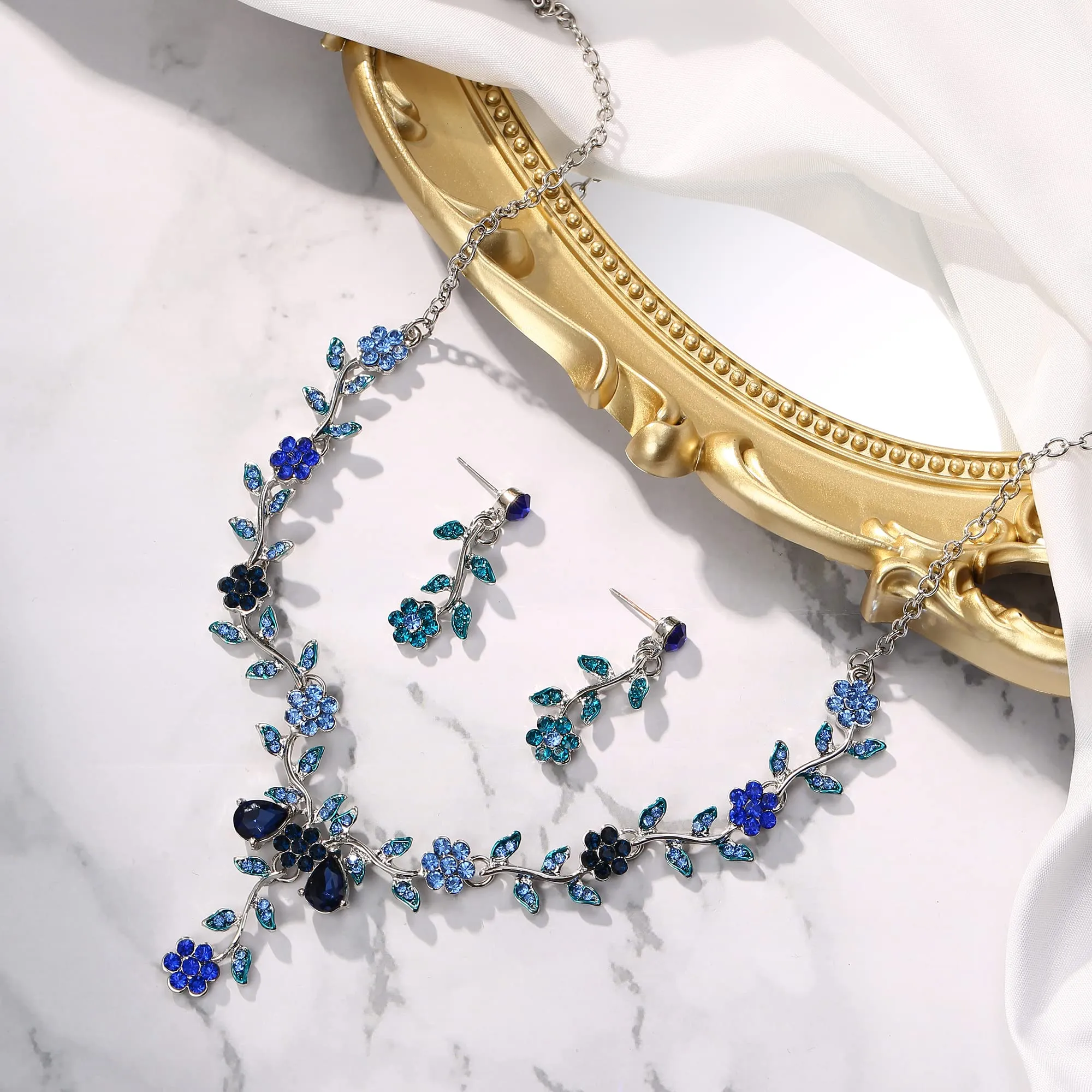 Clearine Set di gioielli per matrimonio da donna con cristalli, collana e orecchini a forma di foglia e fiore, Blu Argento-fondo - immagine 5