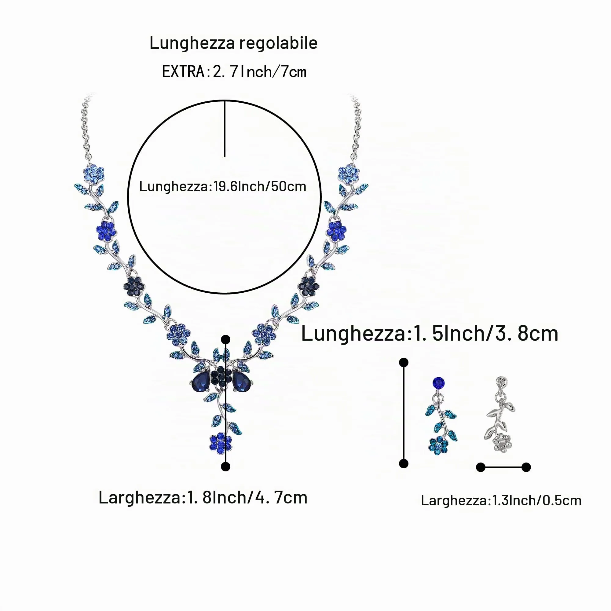 Clearine Set di gioielli per matrimonio da donna con cristalli, collana e orecchini a forma di foglia e fiore, Blu Argento-fondo - immagine 6