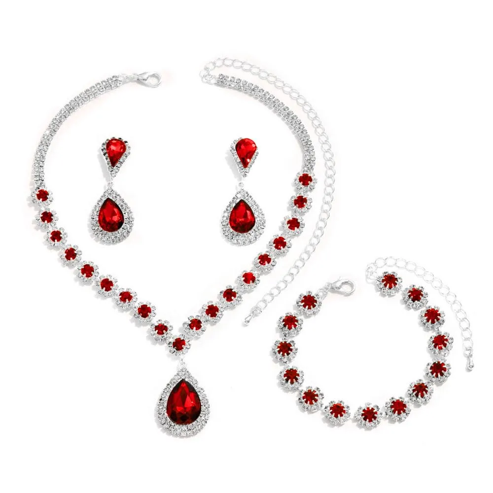 FDEETY Set di Gioielli da Sposa con Strass, Collana, Braccialetti e Orecchini (Rosso) - immagine 1