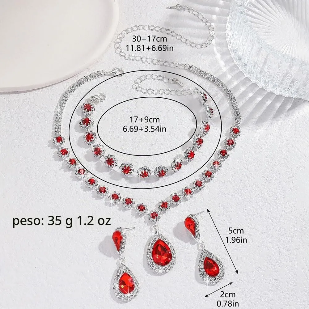 FDEETY Set di Gioielli da Sposa con Strass, Collana, Braccialetti e Orecchini (Rosso) - immagine 2