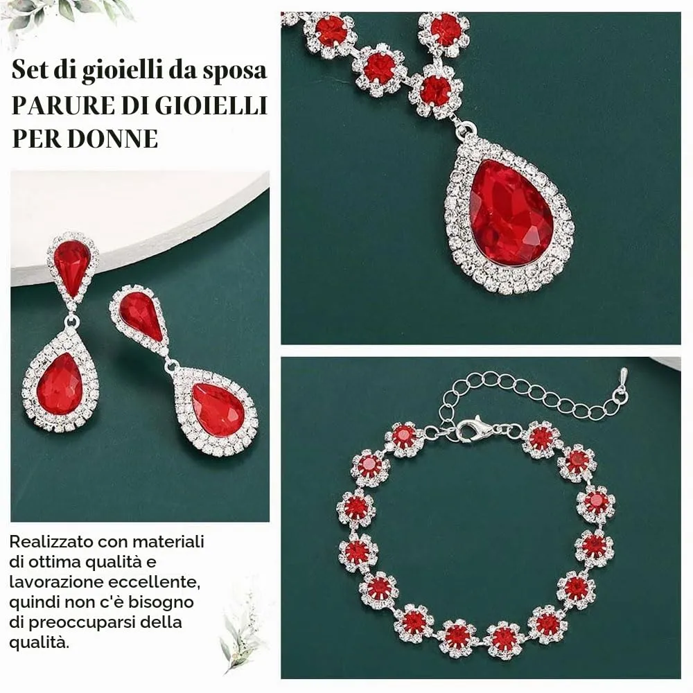 FDEETY Set di Gioielli da Sposa con Strass, Collana, Braccialetti e Orecchini (Rosso) - immagine 3