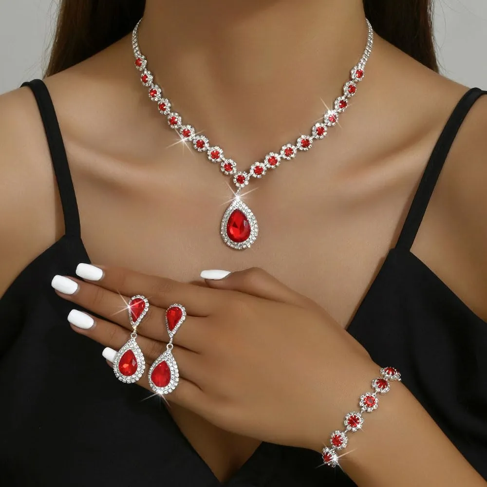 FDEETY Set di Gioielli da Sposa con Strass, Collana, Braccialetti e Orecchini (Rosso) - immagine 4