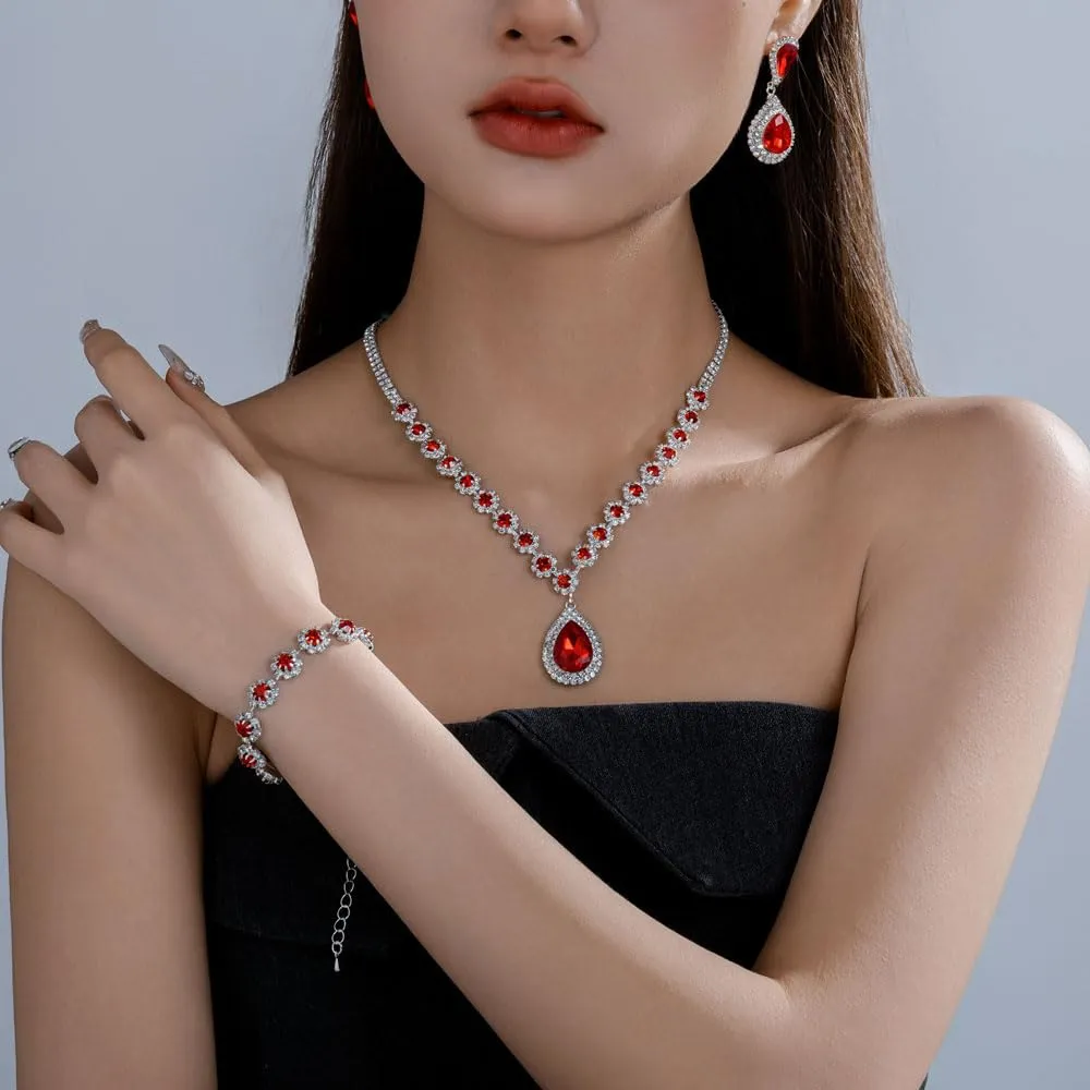 FDEETY Set di Gioielli da Sposa con Strass, Collana, Braccialetti e Orecchini (Rosso) - immagine 5