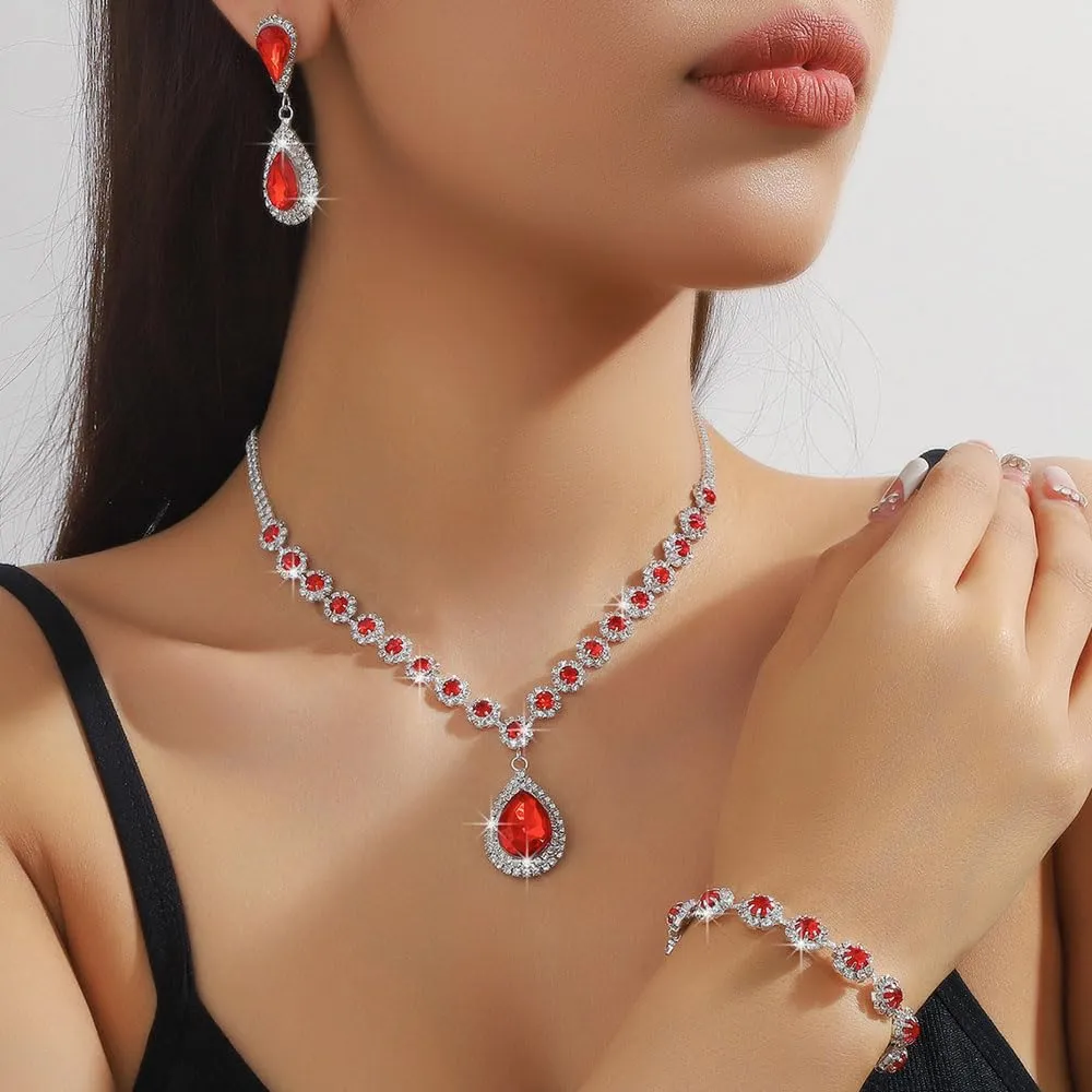 FDEETY Set di Gioielli da Sposa con Strass, Collana, Braccialetti e Orecchini (Rosso) - immagine 6