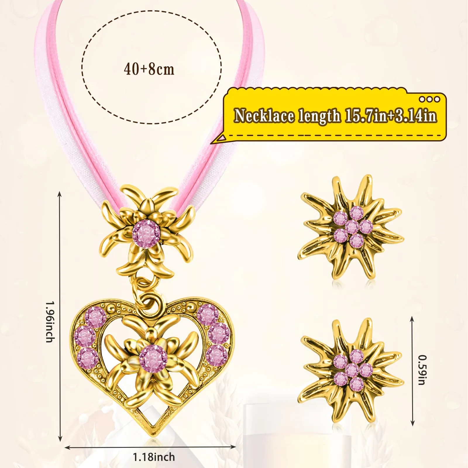 MAOSHYMS Gioielli Bavaresi Tradizionali Set Collana e Orecchini Stella Alpina (Arancione) - immagine 2