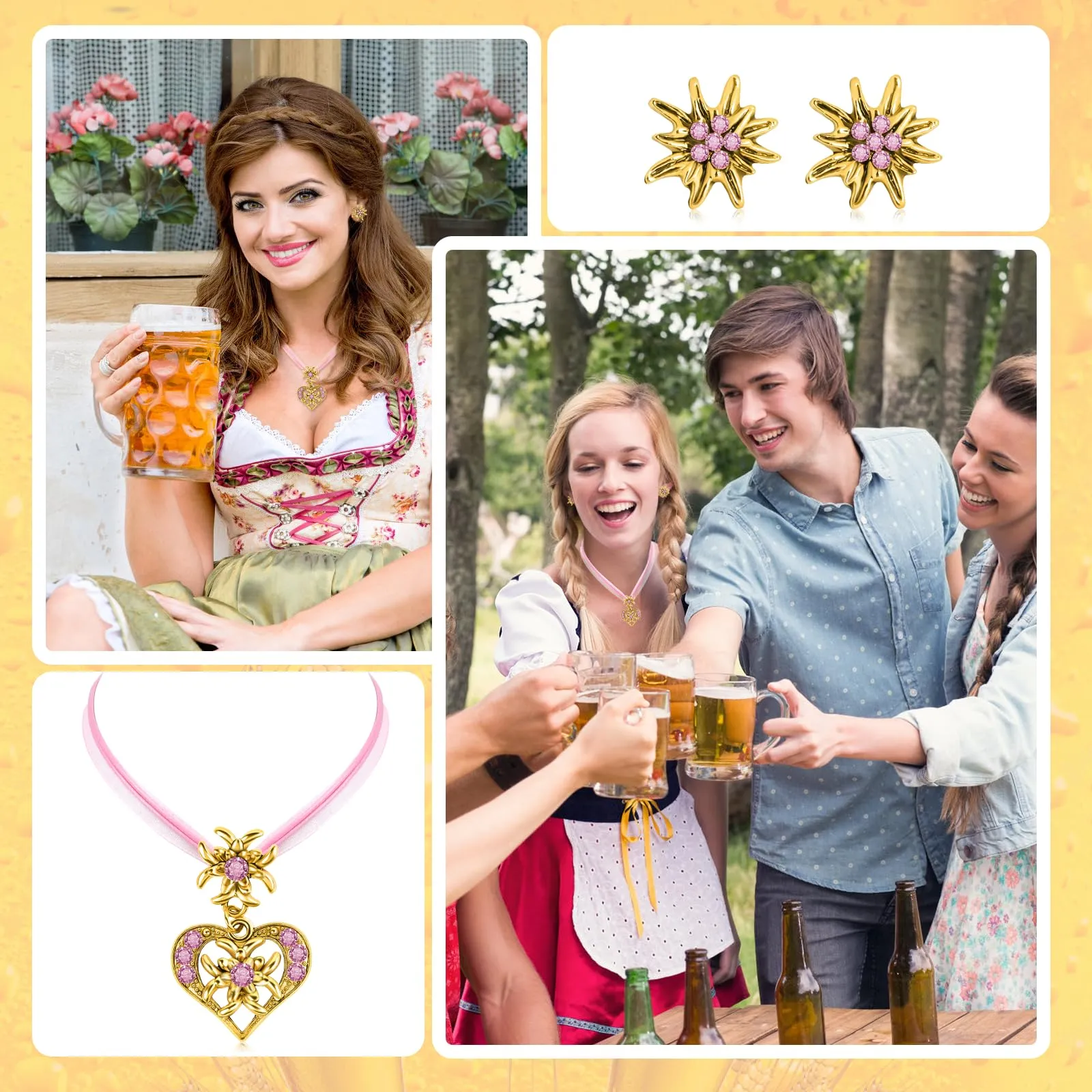 MAOSHYMS Gioielli Bavaresi Tradizionali Set Collana e Orecchini Stella Alpina (Arancione) - immagine 6