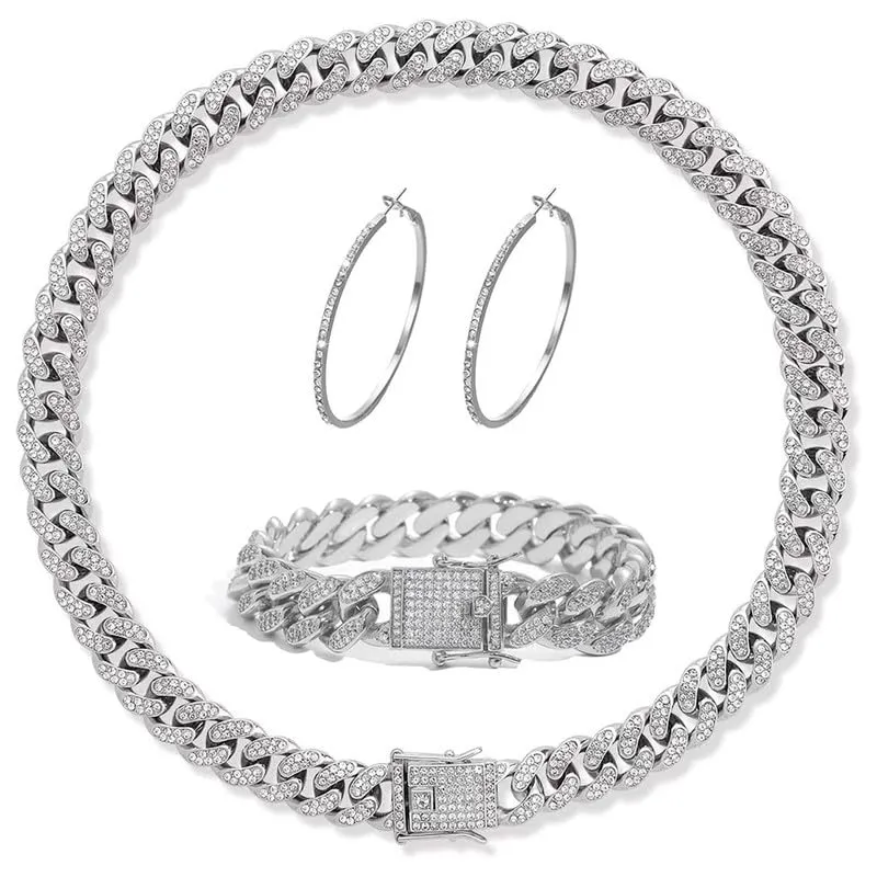Xiaoliny Set di Gioielli Donna con Collana Catena Cubana, Bracciale e Orecchini a Cerchio in Zirconia, 3 Pezzi, Argento - immagine 1