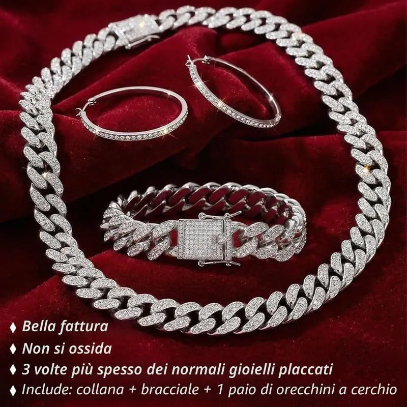 Xiaoliny Set di Gioielli Donna con Collana Catena Cubana, Bracciale e Orecchini a Cerchio in Zirconia, 3 Pezzi, Argento - immagine 3